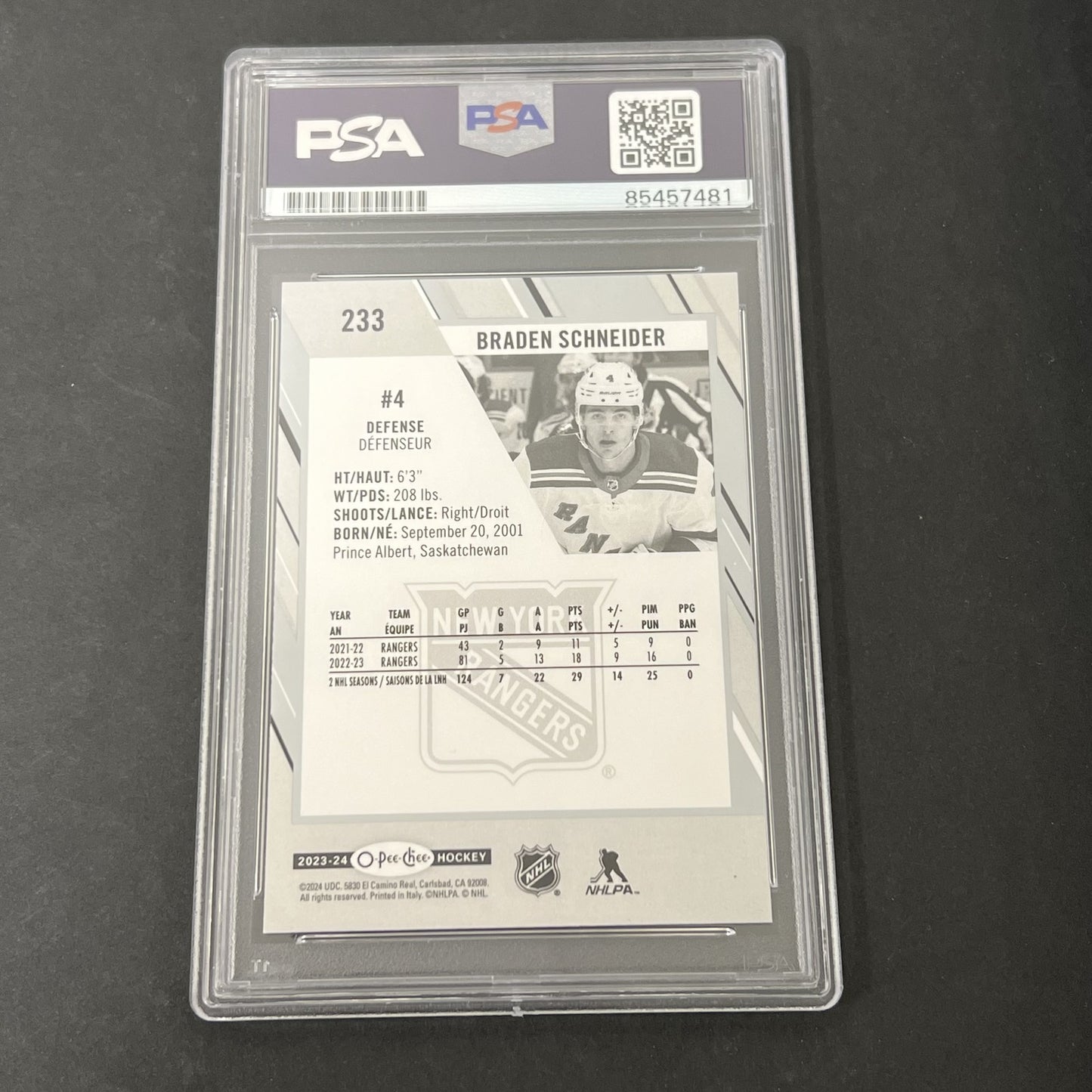 2023-24 O-Pee-Chee #233 Braden Schneider signed card PSA Auto 10 Rangers
