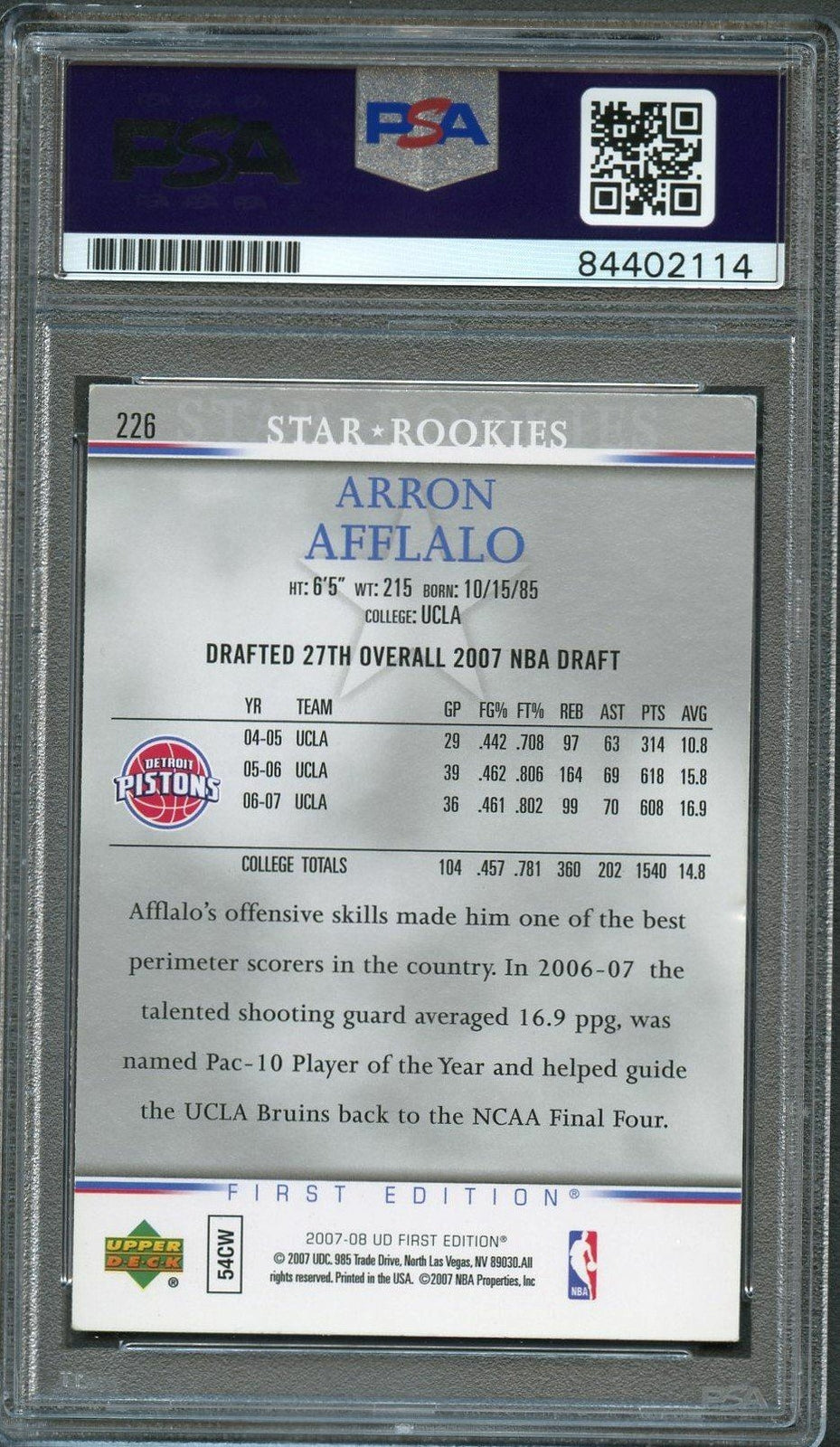 2007-08 Upper Deck First Edition #226 Arron Afflalo Signed Card AUTO PSA Slabbed