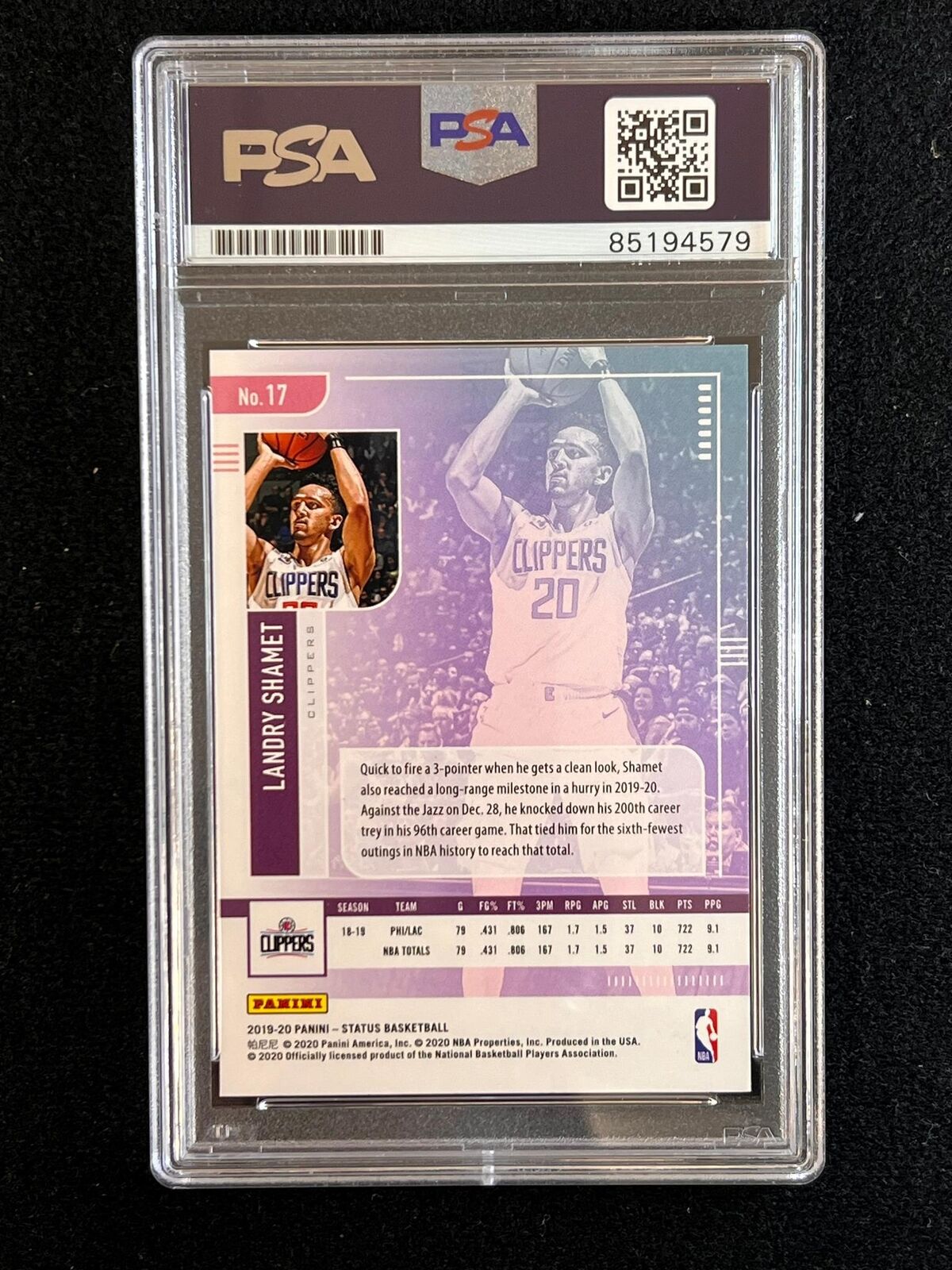2019-20 Panini Status #17 Landry Shamet Signed Card AUTO 10 PSA/DNA Slabbed 76er