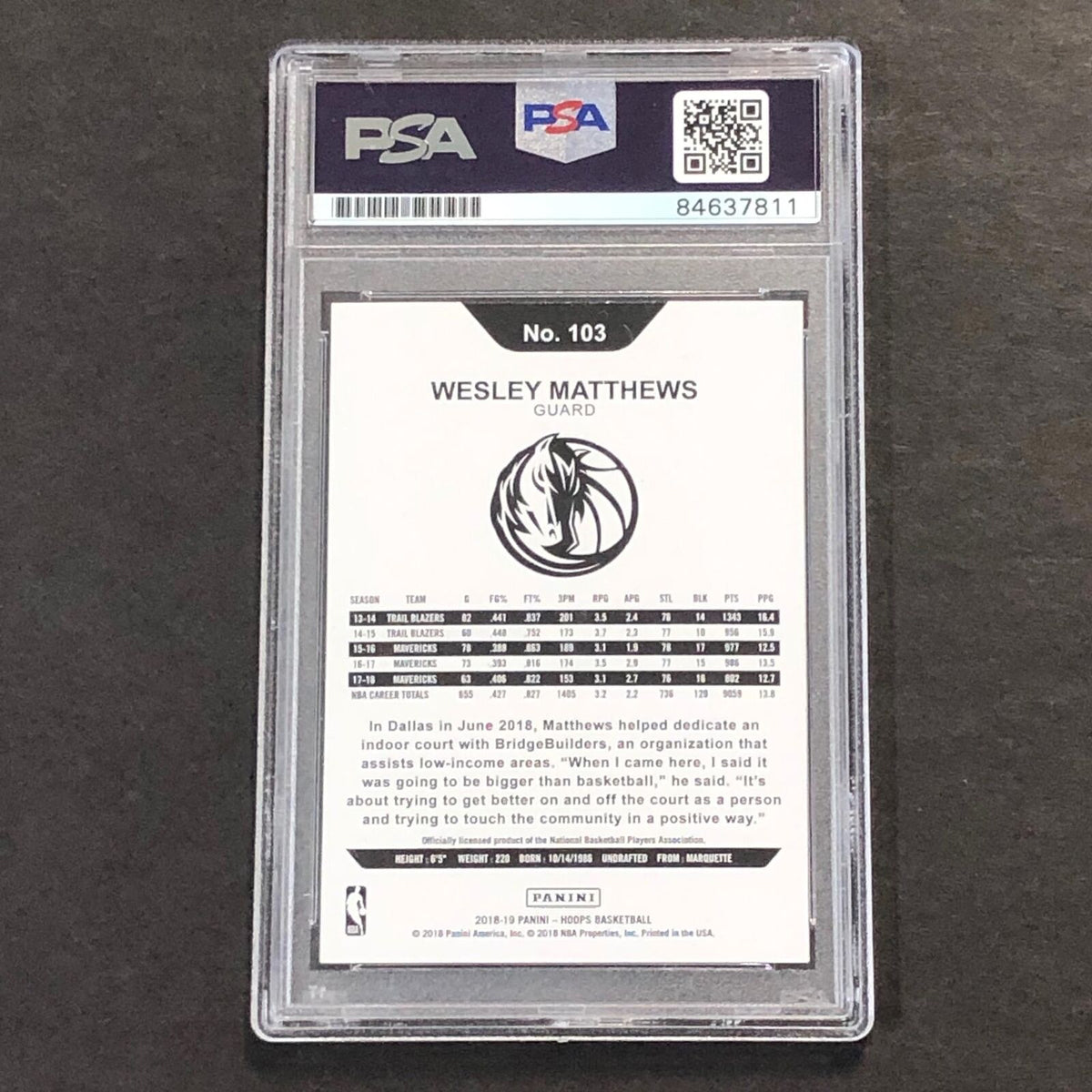 2018-19 Panini NBA Hoops #103 Wesley Matthews Signed Card AUTO PSA Slabbed Maver