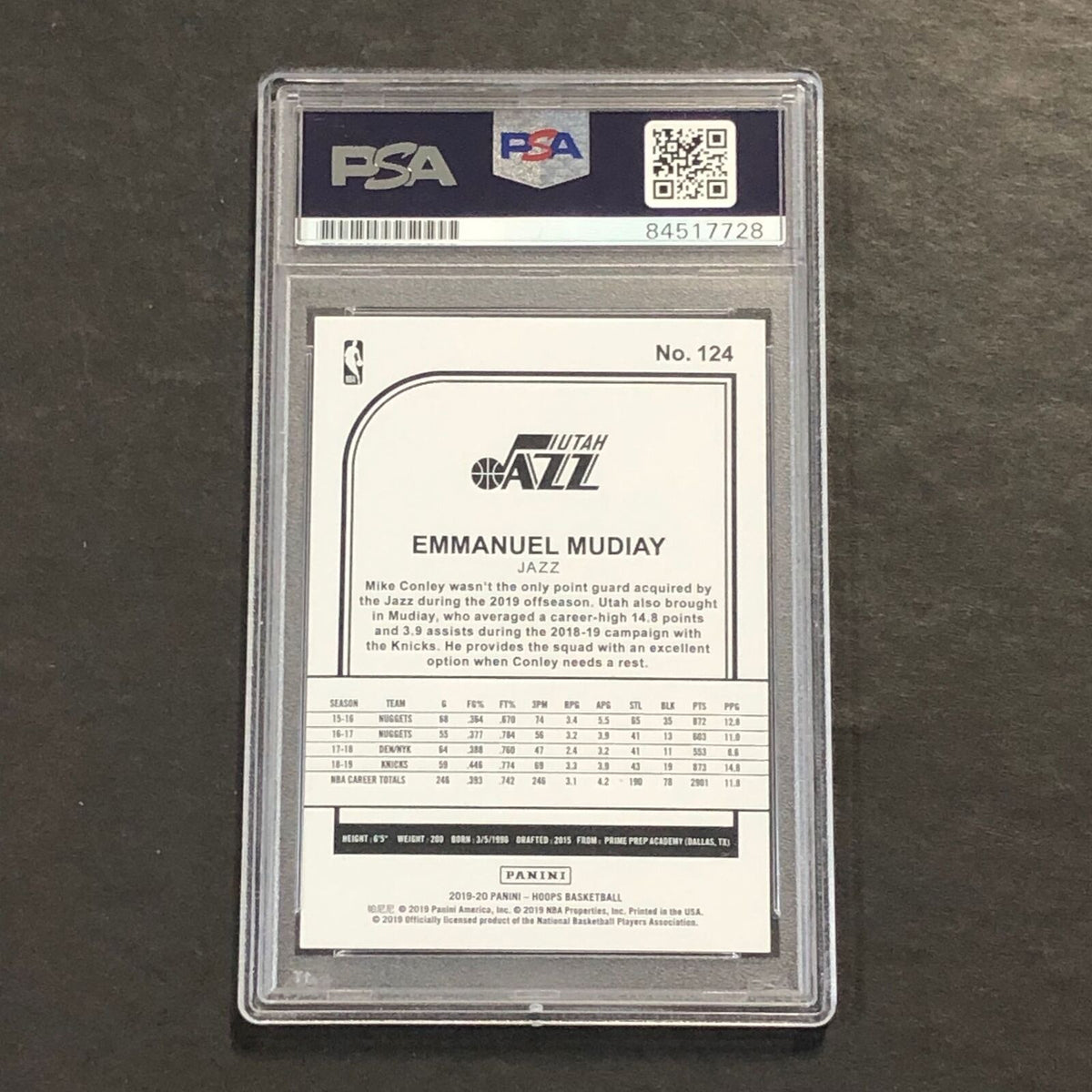 2019-20 Panini NBA Hoops #124 Emmanuel Mudiay Signed Card AUTO PSA Slabbed Jazz