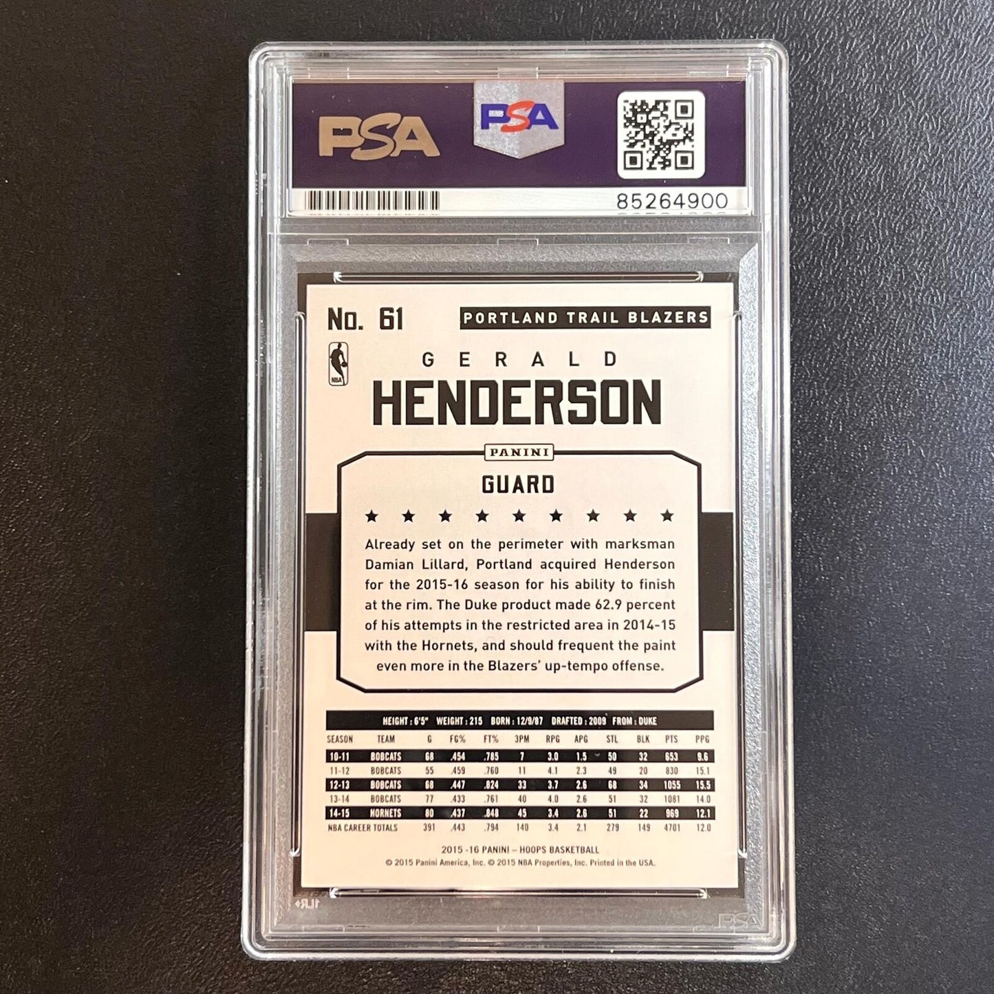 2015-16 Panini NBA Hoops #61 Gerald Henderson Signed AUTO PSA Slabbed Trail Blaz