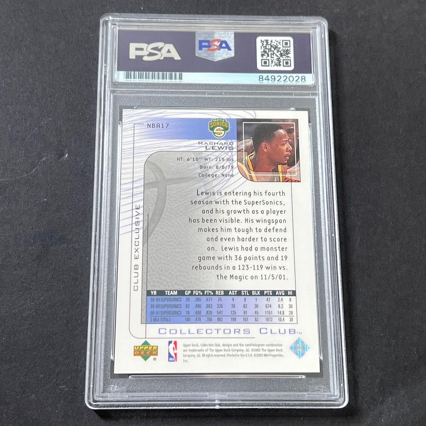 2001-02 Upper Deck #NBA17 Rashard Lewis Signed Card AUTO 10 PSA/DNA Slabbed Soni