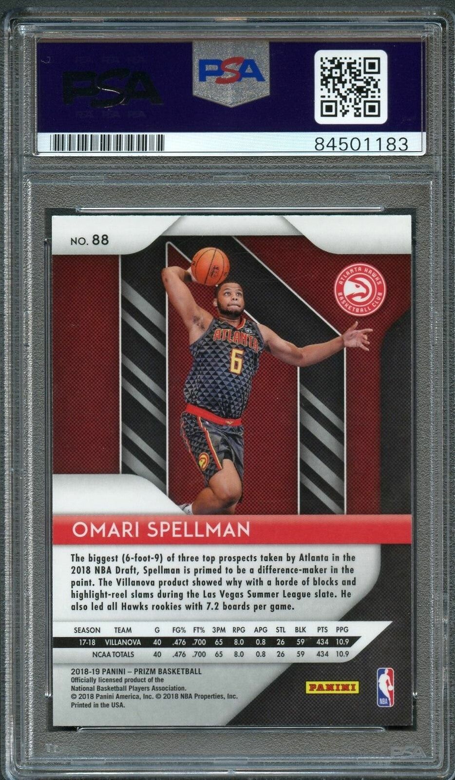 2018-19 Panini Prizm #88 Omari Spellman Signed Card AUTO PSA/DNA Slabbed RC Hawk