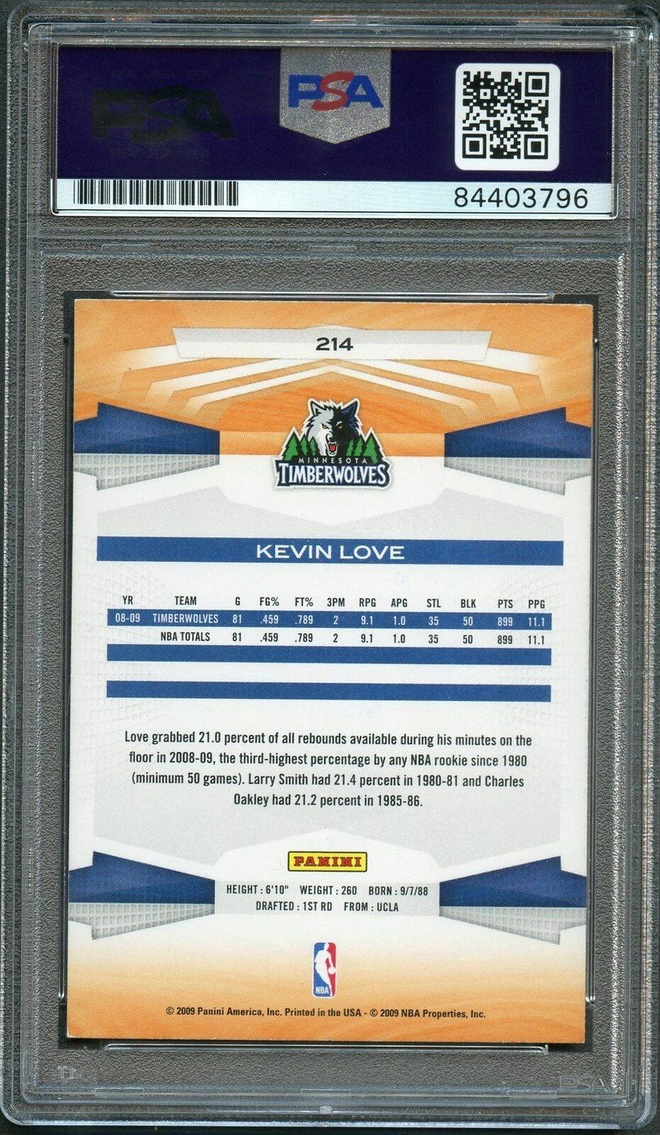2009-10 Panini Basketball #214 Kevin Love Signed Card AUTO PSA Slabbed Timberwol