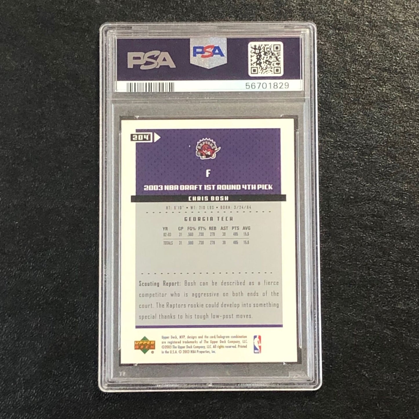 2003 Upper Deck MVP #204 Chris Bosh PSA 10 GEM MT RC Raptors
