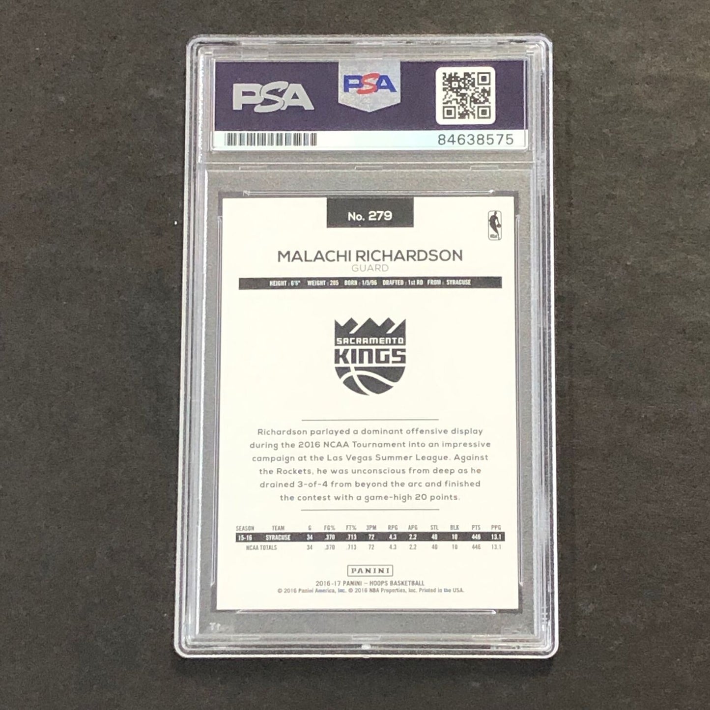 2016-17 NBA Hoops #279 Malachi Richardson Signed Card AUTO PSA Slabbed RC Kings