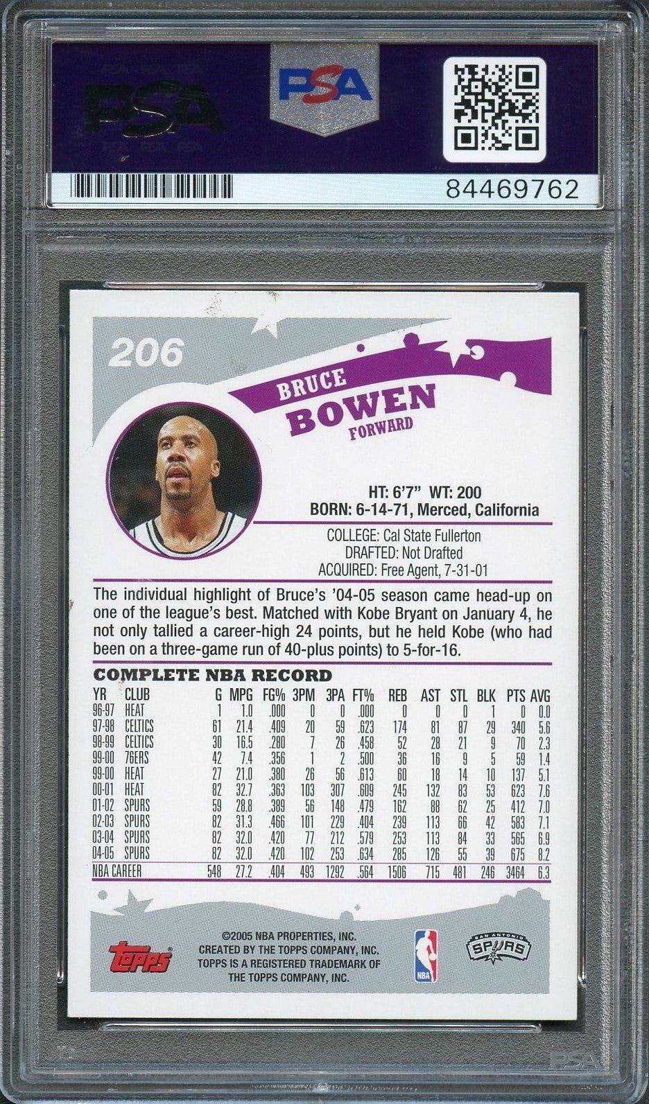 2005 Topps #206 Bruce Bowen Signed Card AUTO PSA Slabbed Spurs