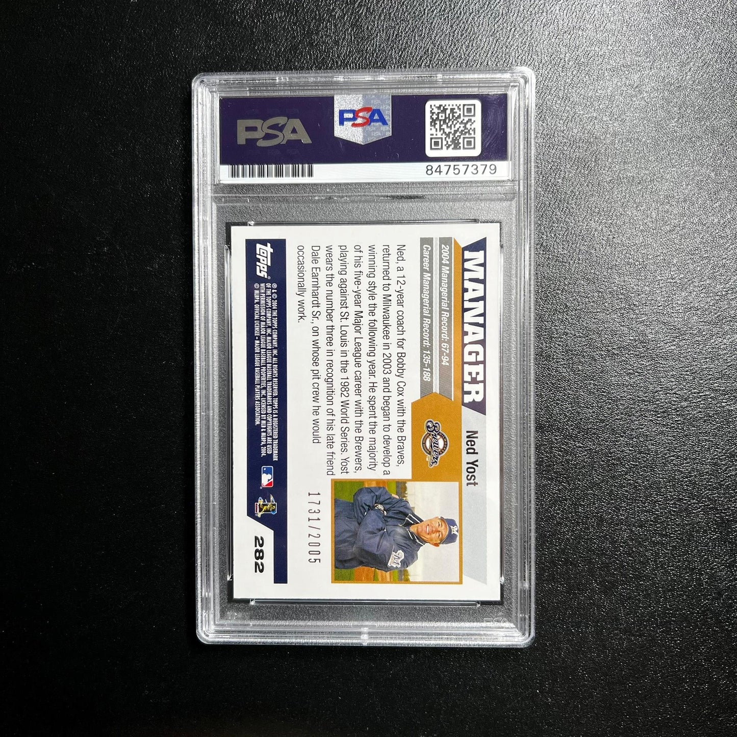2005 Topps #282 Ned Yost Signed Card AUTO 10 PSA Slabbed Brewers
