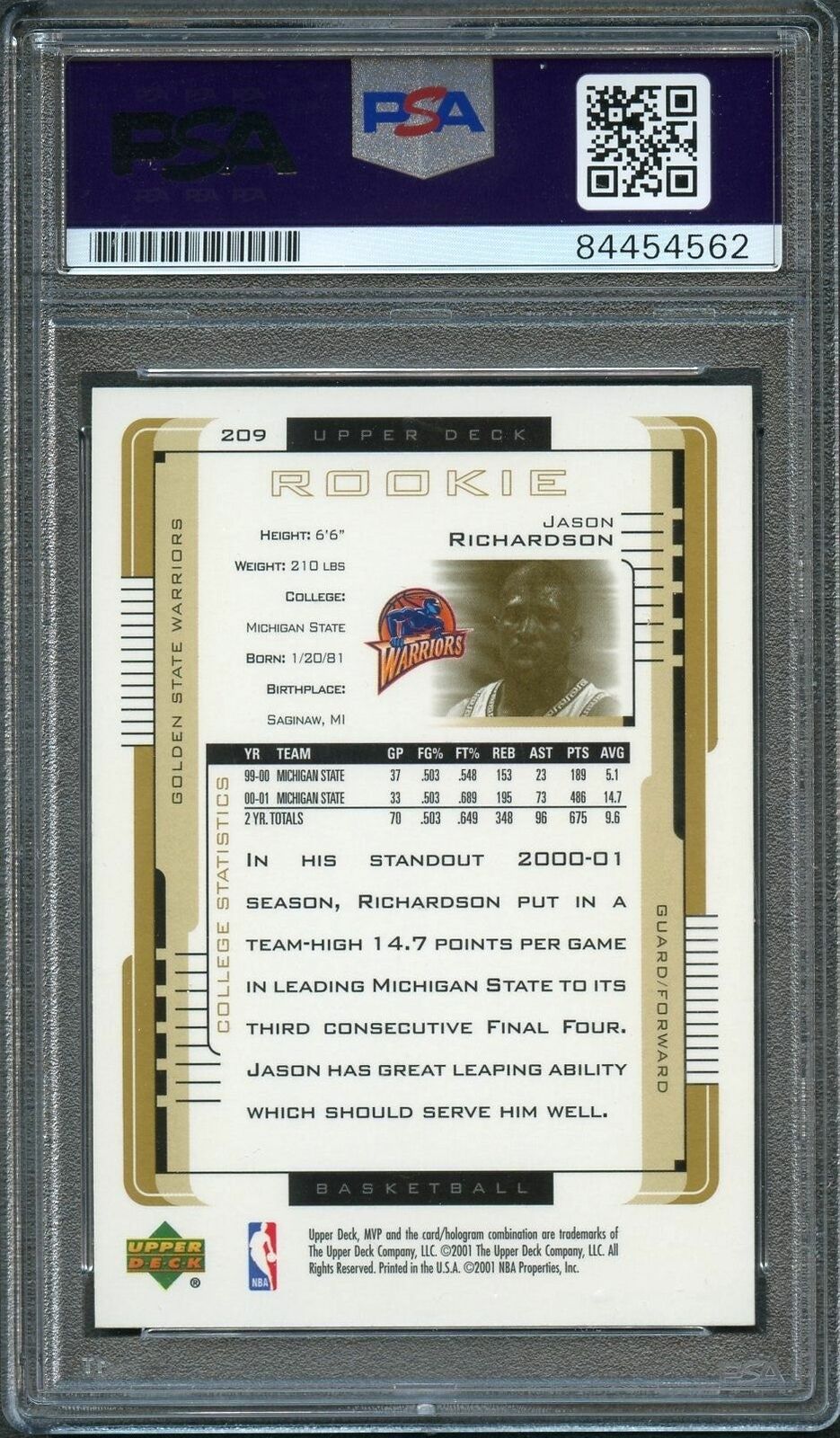 2001-02 Upper Deck MVP #209 Jason Richardson Signed Card AUTO PSA Slabbed RC Mic