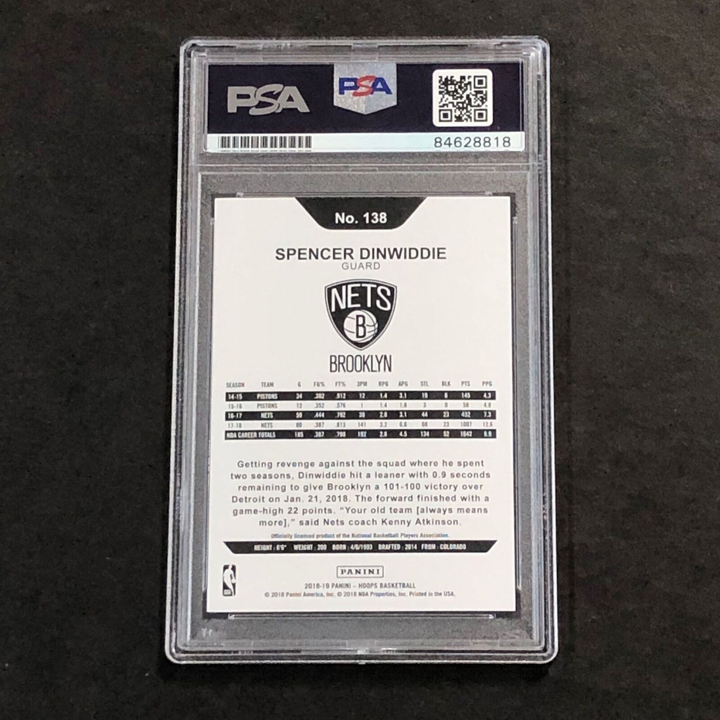 2018-19 NBA Hoops #138 Spencer Dinwiddie Signed Card AUTO 10 PSA Slabbed Nets