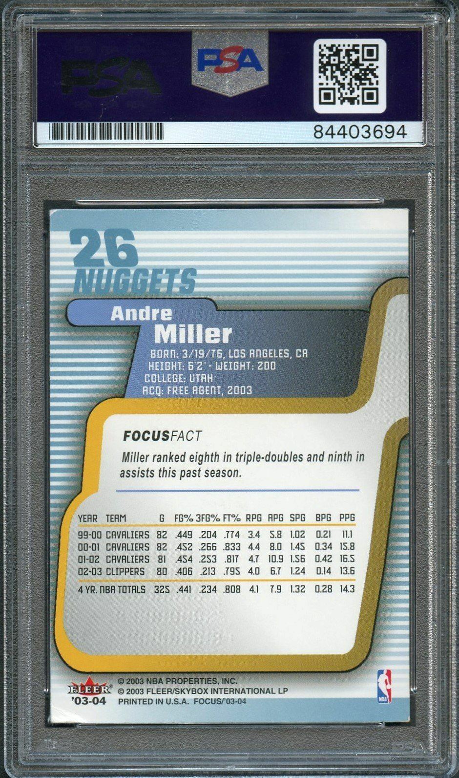 2003-04 Fleer Focus #26 Andre Miller Signed AUTO PSA Slabbed Nuggets