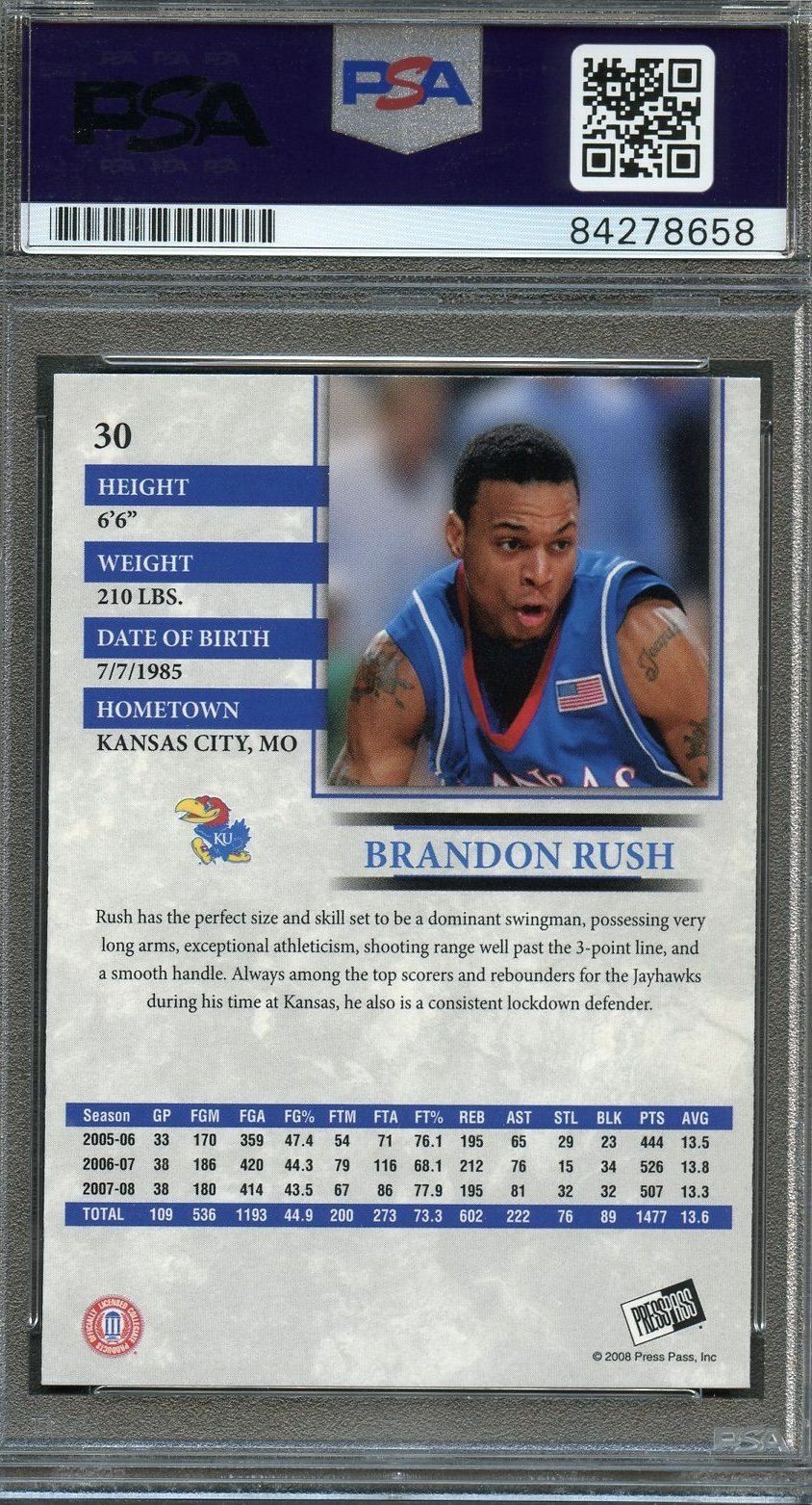 2008 Press Pass #30 Brandon Rush Signed Card AUTO PSA Slabbed Jayhawks