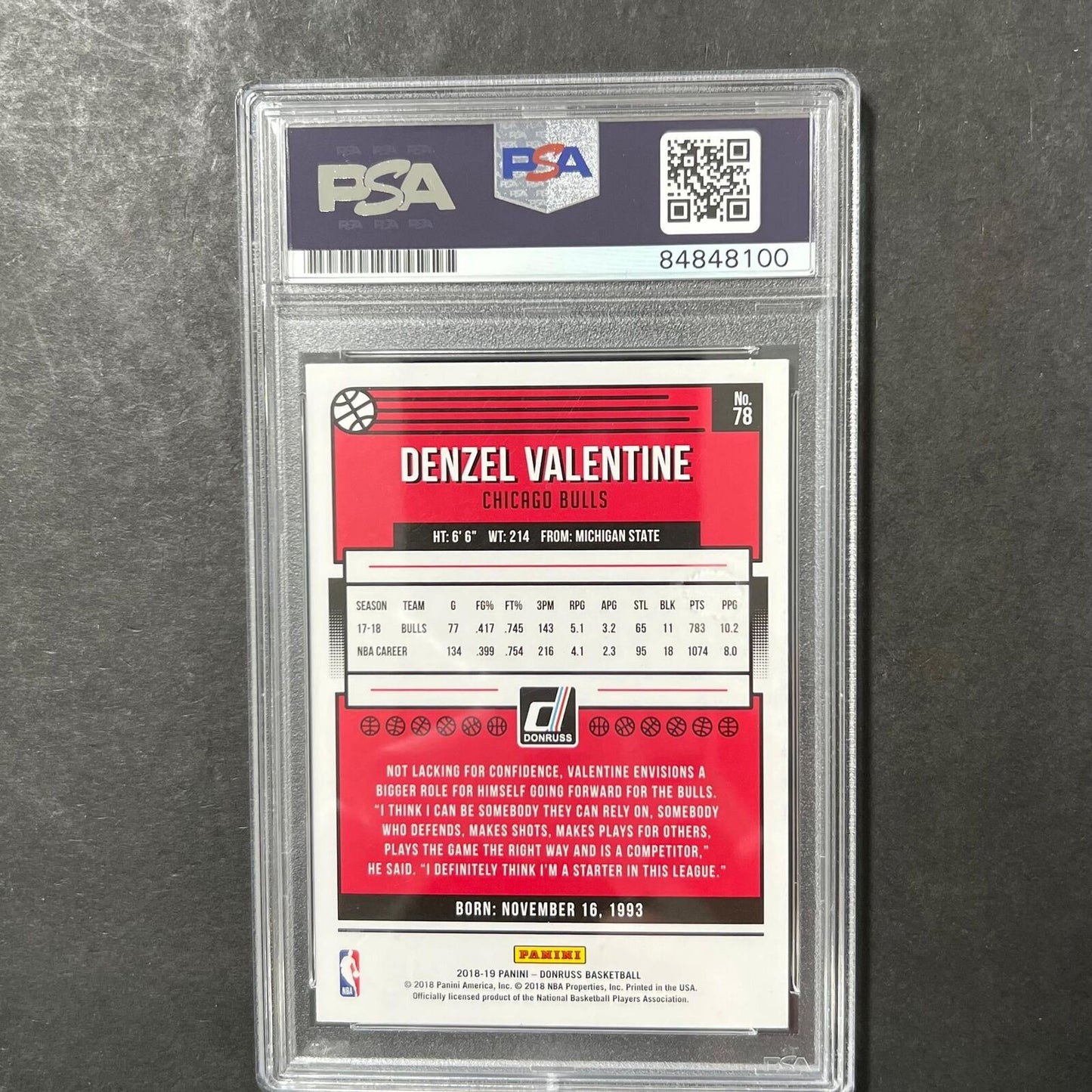 2018-19 Panini Donruss #78 Denzel Valentine Signed Card AUTO PSA Slabbed Bulls