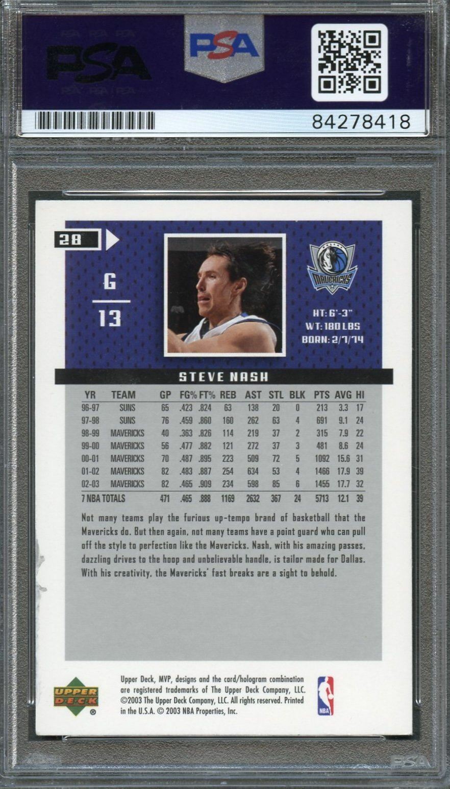 2003 Upper Deck MVP #28 Steve Nash Signed Card AUTO PSA Slabbed