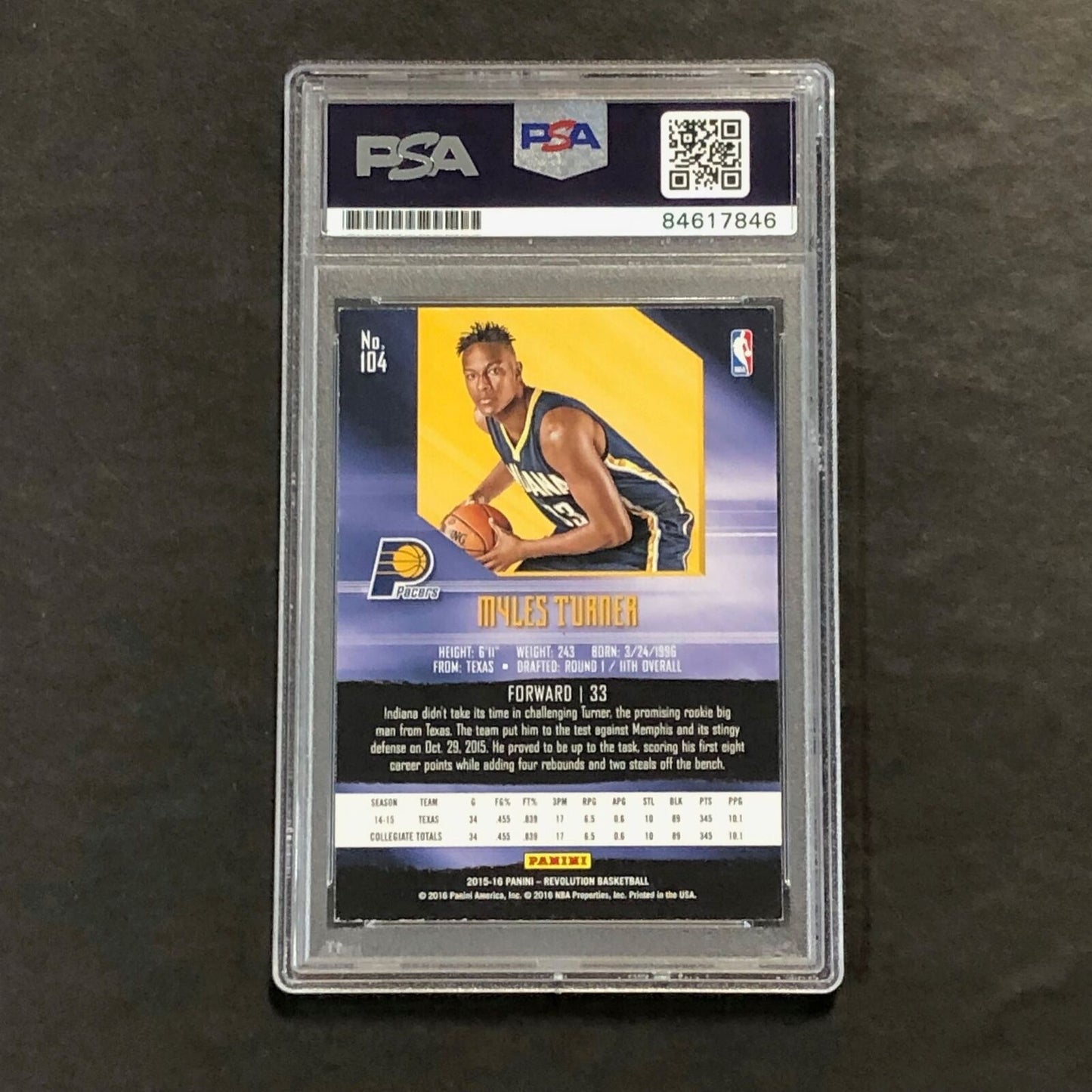 2015-16 Panini Revolution #104 Myles Turner Signed Card AUTO GRADE 10 PSA Slabbe