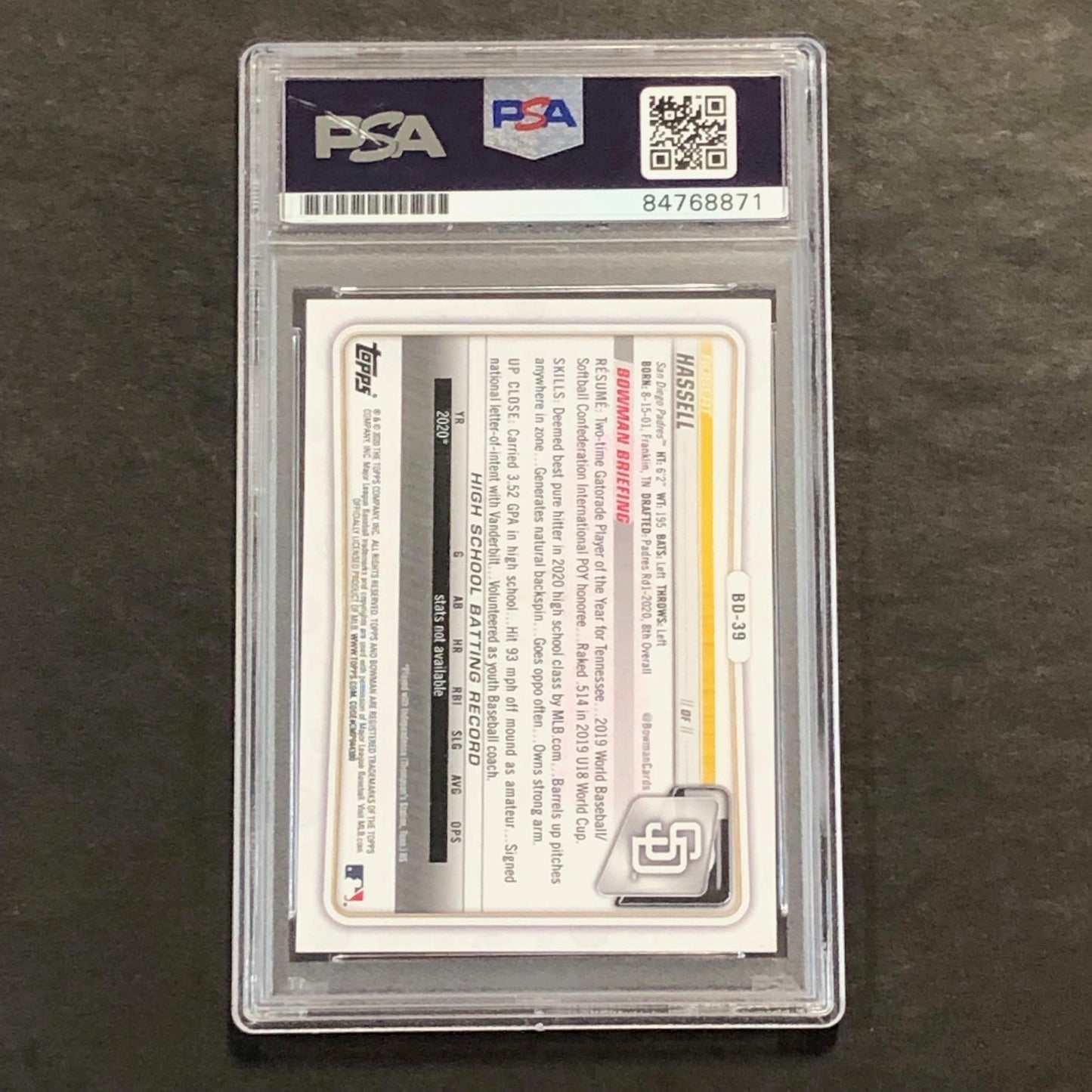 2021 1st Bowman Baseball #BD-39 Robert Hassell Signed Card PSA Slabbed Auto Padr