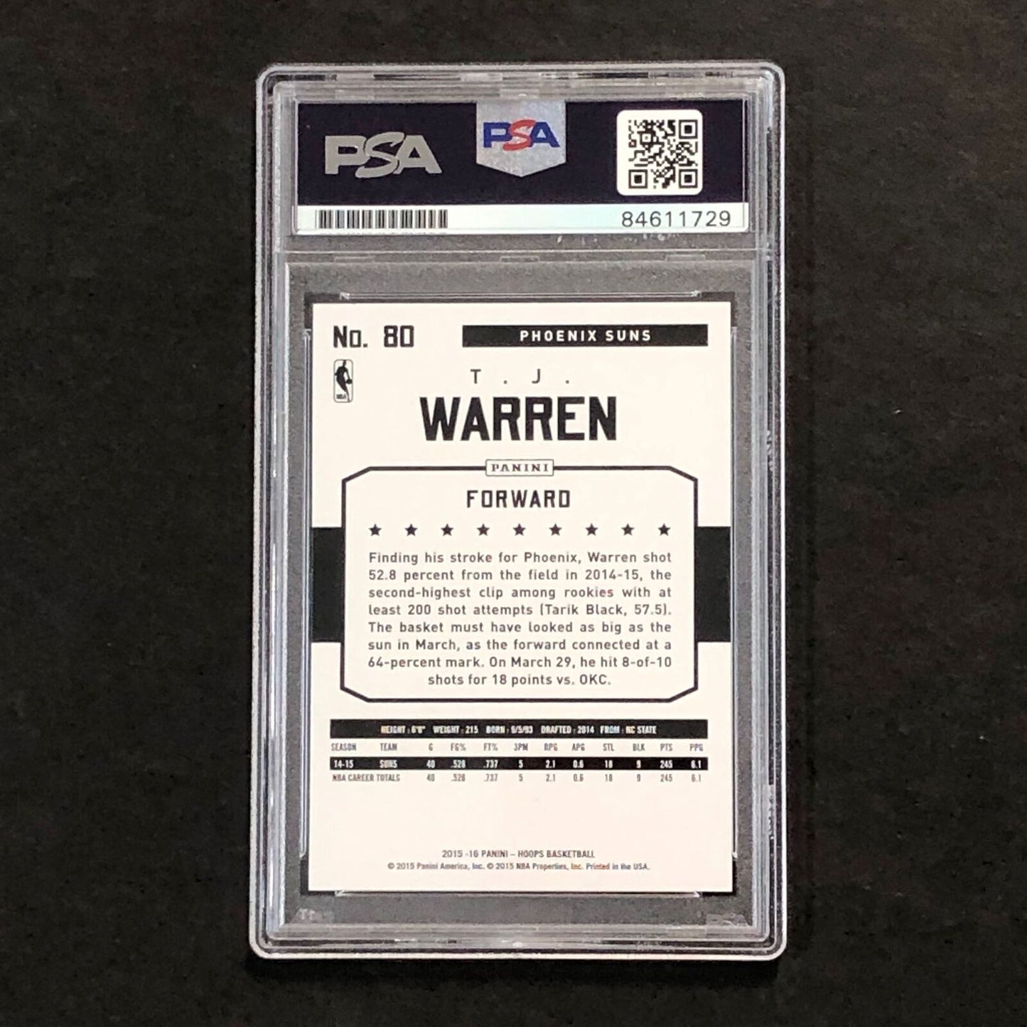 2015-16 NBA HOOPS #80 TJ WARREN Signed Card AUTO 10 PSA Slabbed Suns