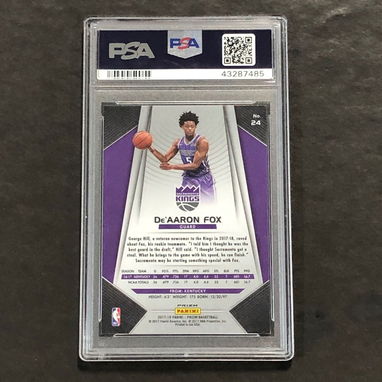 2017-18 Panini Hyper Prizm #24 De'Aaron Fox Signed Auto 8 PSA RC