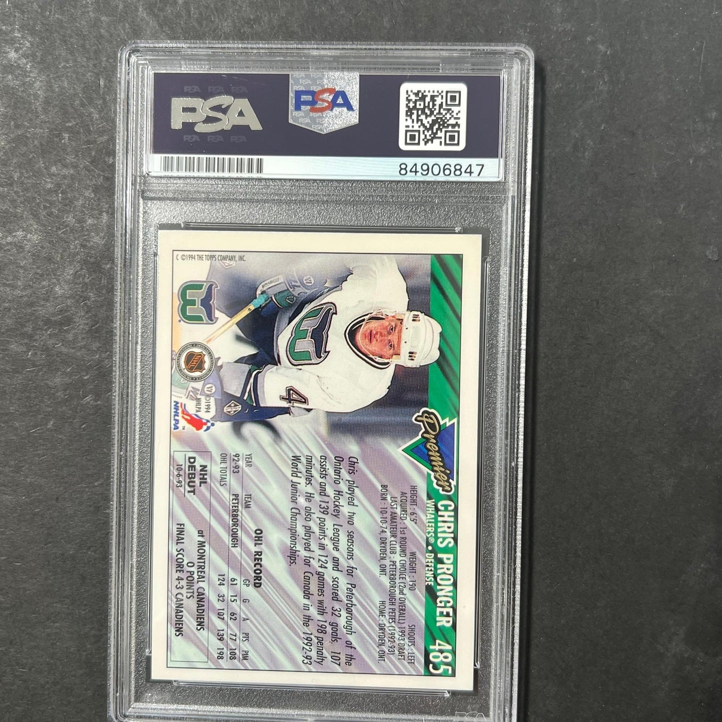 1993-94 Topps Premier #485 Chris Pronger Signed Card AUTO PSA slabbed Whalers