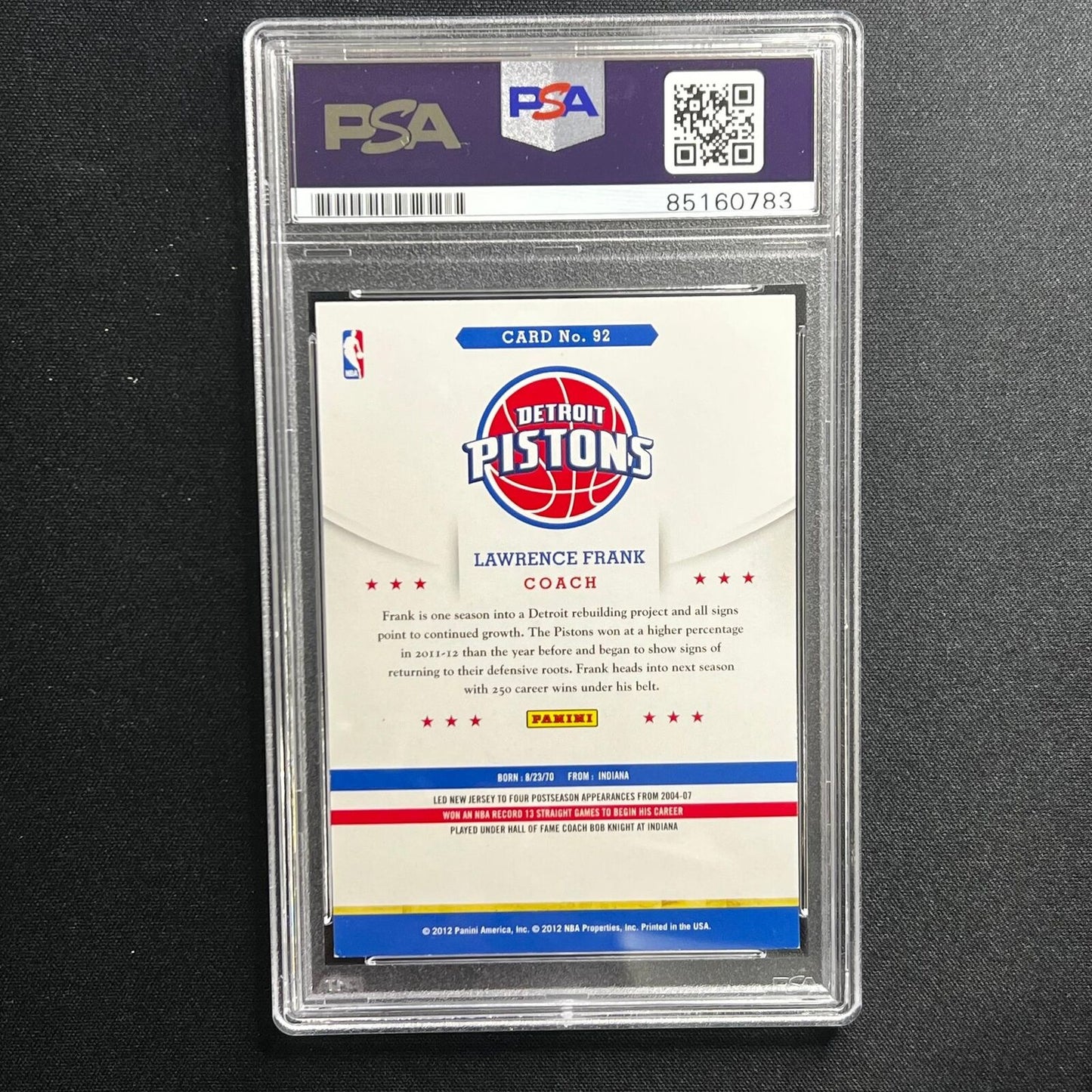 2012 Panini America #92 Lawrence Frank Signed Card PSA Slabbed Pistons