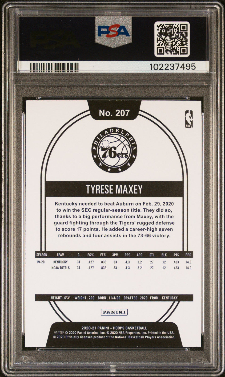 2020 Panini Hoops #207 Tyrese Maxey PSA A Auto 10