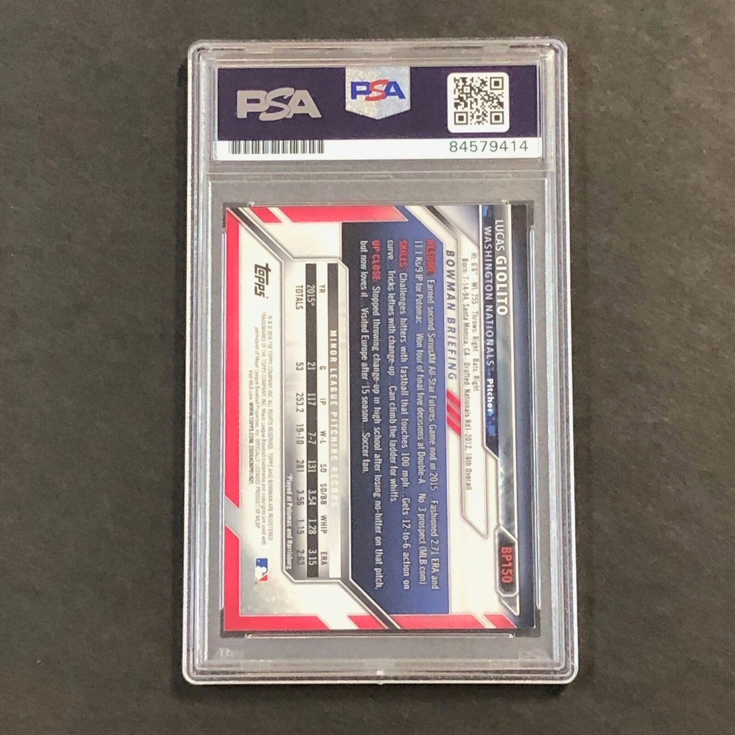 2016 Bowman Prospects #BP150 Lucas Giolito Signed Card PSA Slabbed Auto 10 Natio