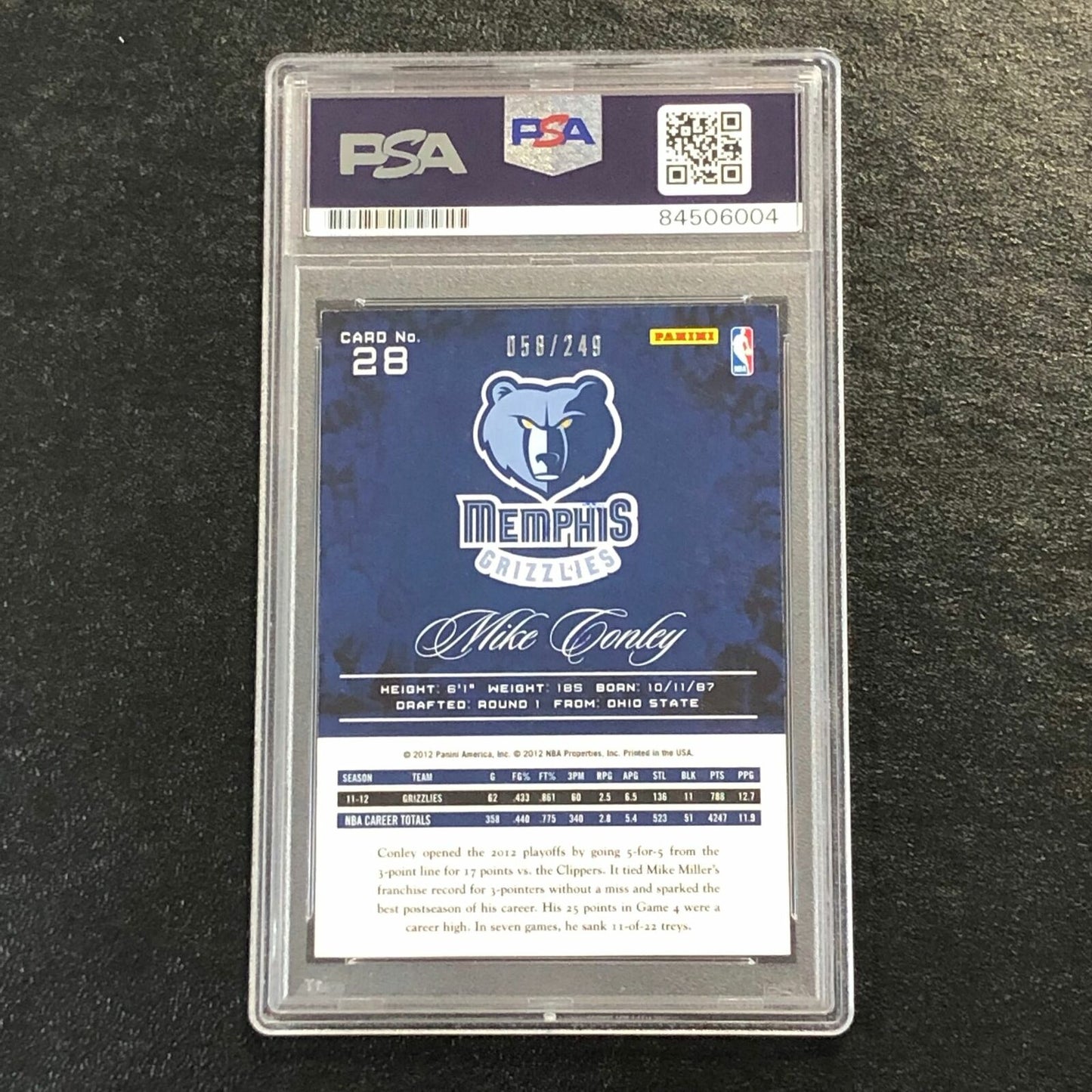 2012-13 Panini Prestige Bonus Shots #28 Mike Conley signed Auto Card PSA/DNA Sla