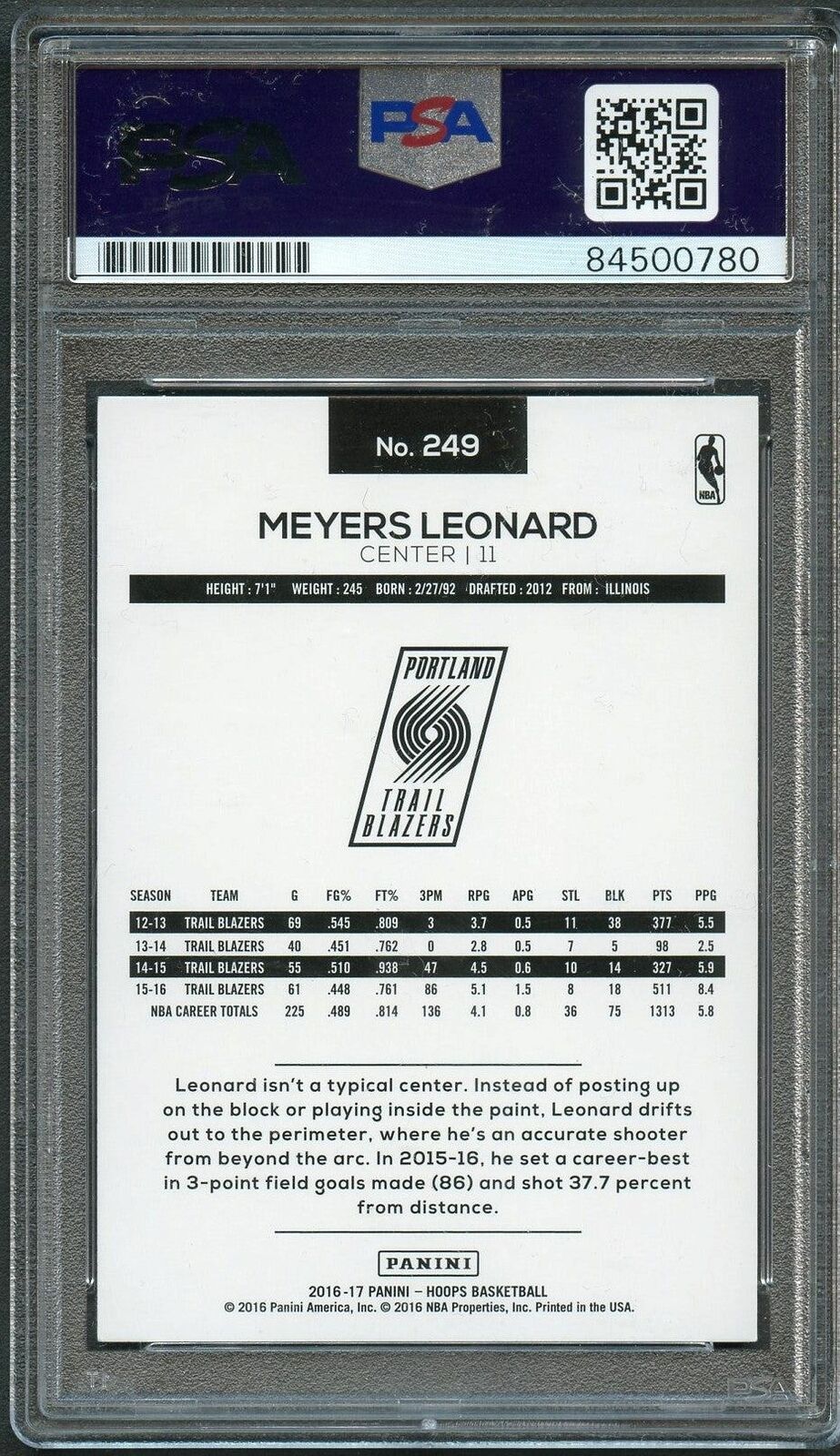 2016-17 NBA Hoops #249 Meyers Leonard Signed Card AUTO 10 PSA Slabbed Portland T