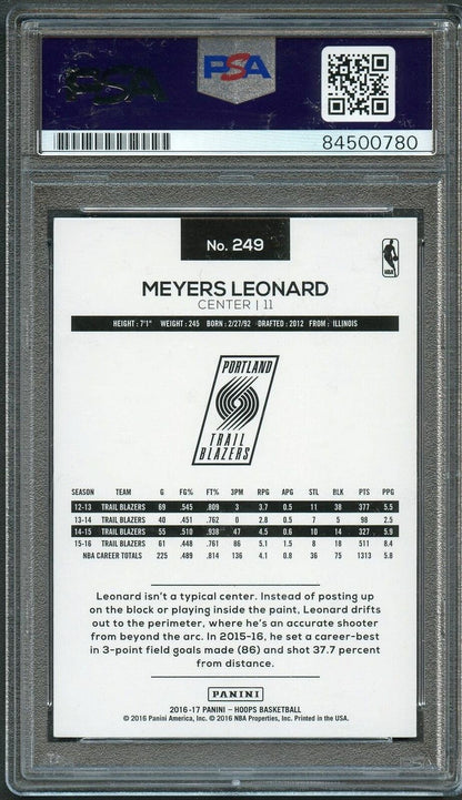2016-17 NBA Hoops #249 Meyers Leonard Signed Card AUTO 10 PSA Slabbed Portland T