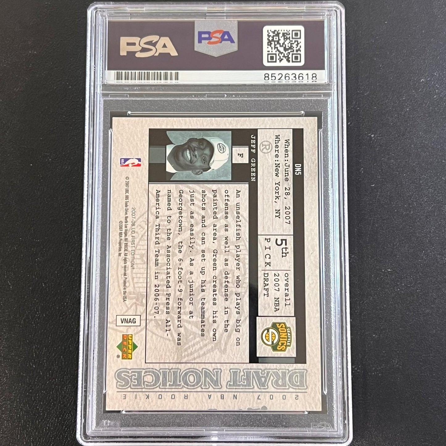 2007 Upper Deck First Edition #DN5 Jeff Green RC Signed Card AUTO PSA/DNA Slabbe