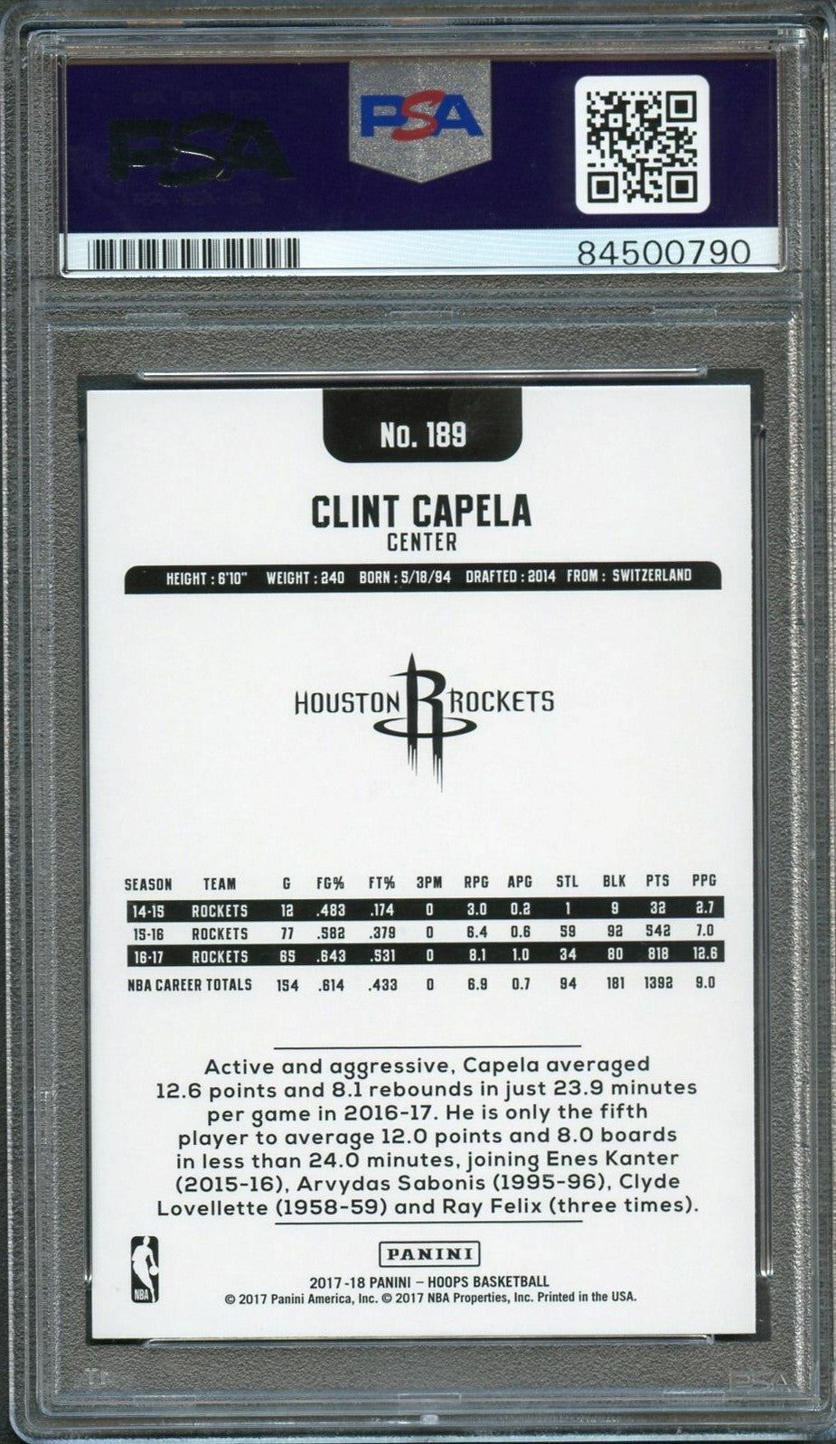 2017-18 NBA Hoops #189 Clint Capela Signed Card AUTO 10 PSA/DNA Slabbed Rockets