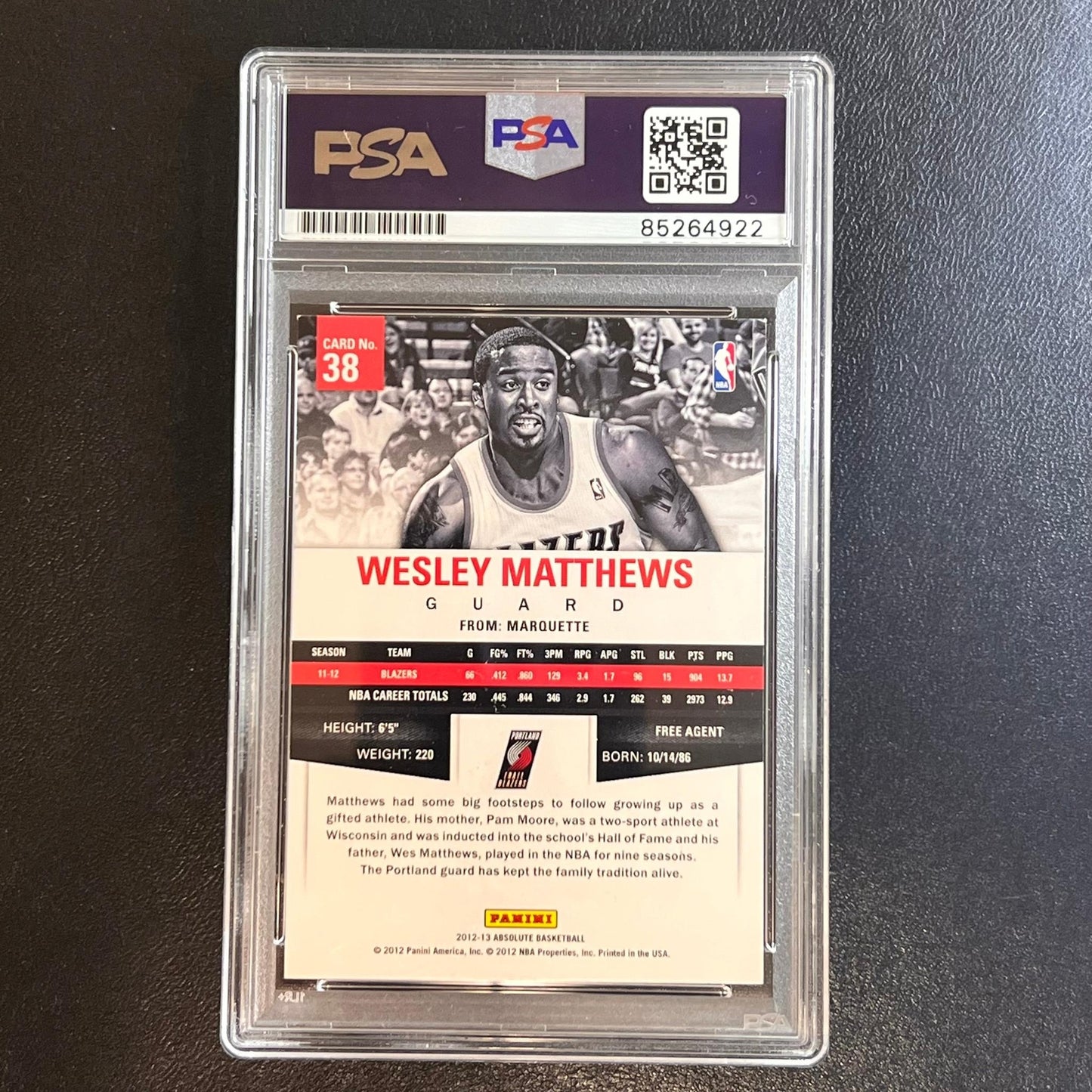 2012-13 Absolute Basketball #38 Wesley Matthews Signed Card AUTO PSA Slabbed Tra