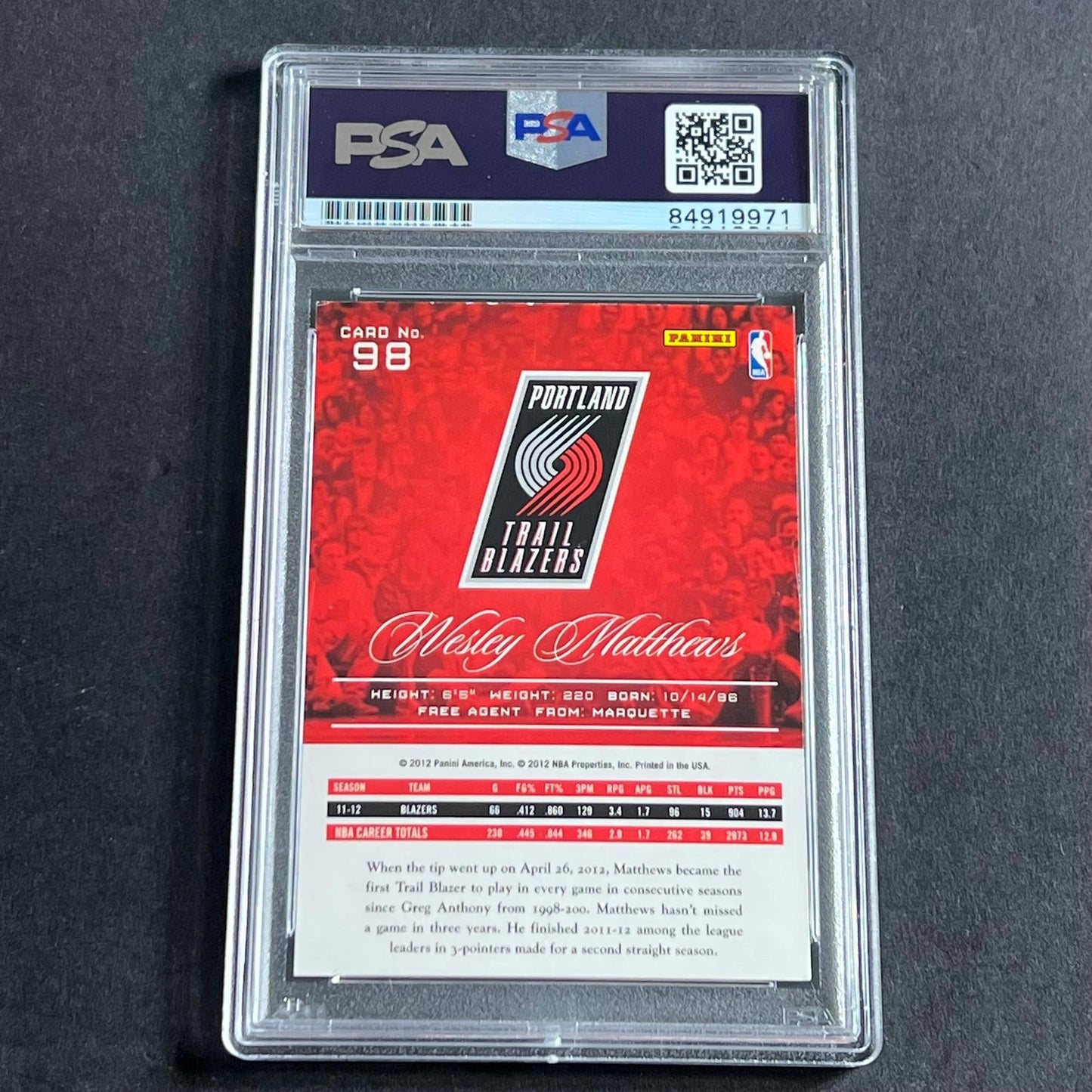 2012-13 Panini Prestige #98 Wesley Matthews Signed Card AUTO PSA Slabbed