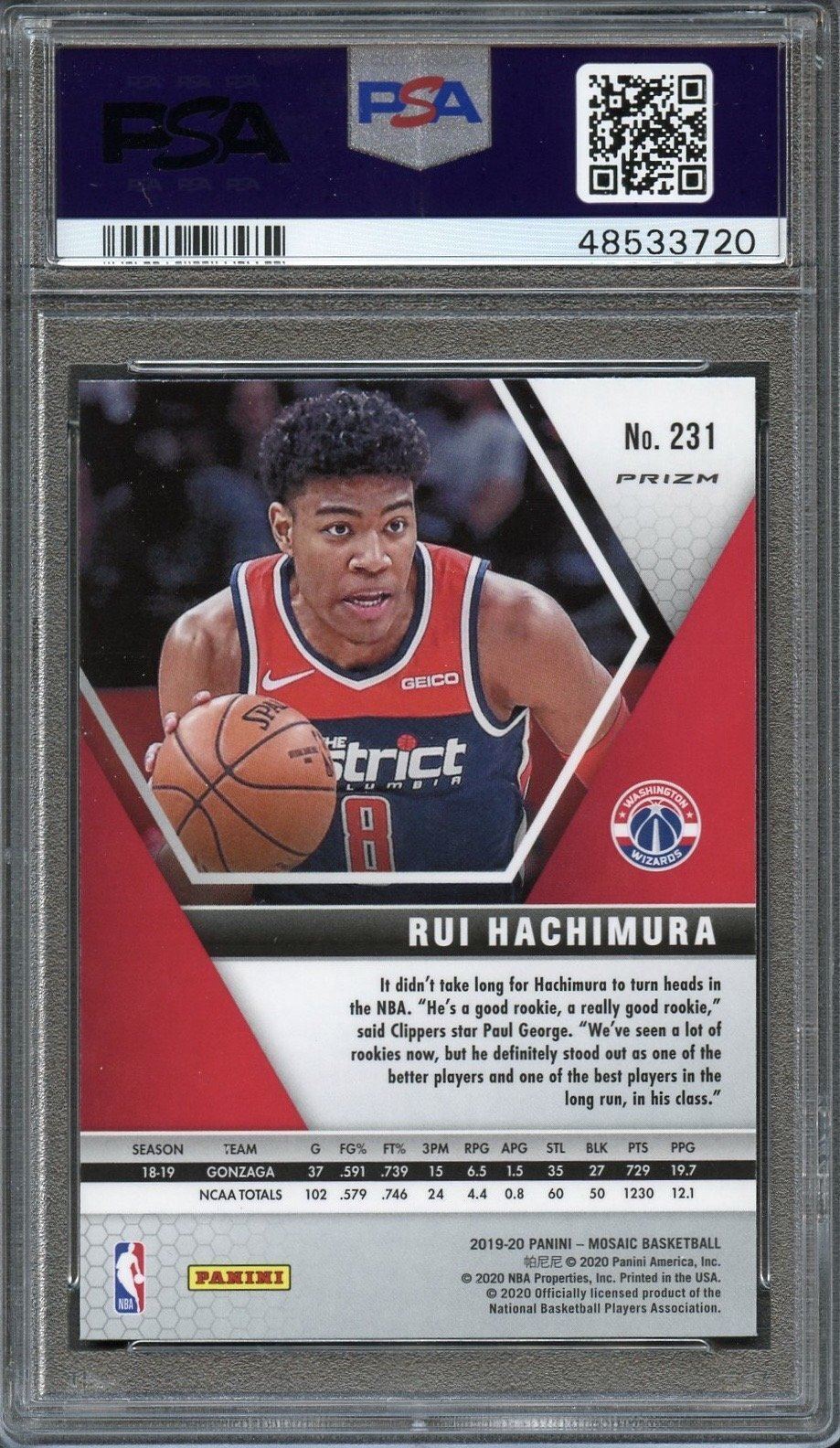 2019 Panini Mosaic #231 Rui Hachimura Green Mosaic PSA 10 Gem Mint RC