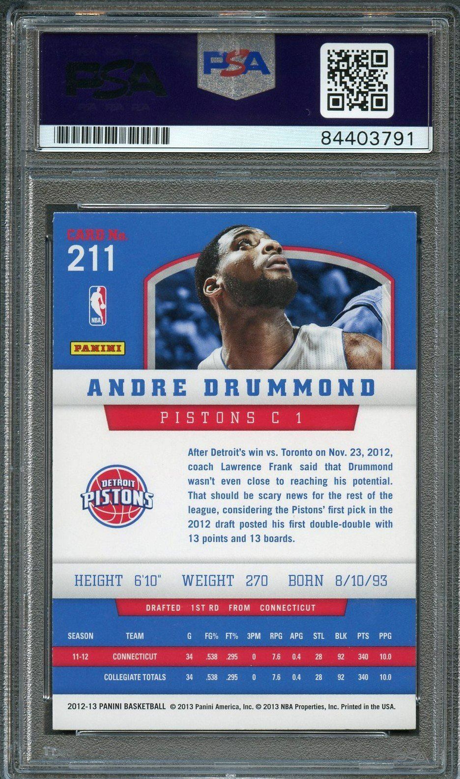 2012-13 Panini Basketball #211 Andre Drummond Signed Card AUTO PSA Slabbed Pisto