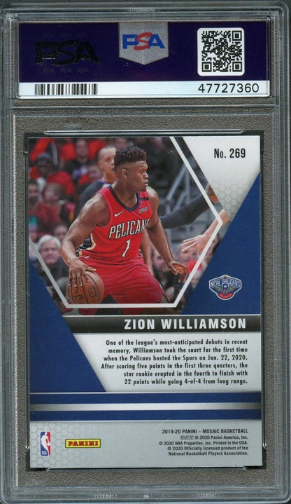 2019 Panini Mosaic NBA Debut #269 Zion Williamson PSA 9 Mint Rookie RC Pelicans