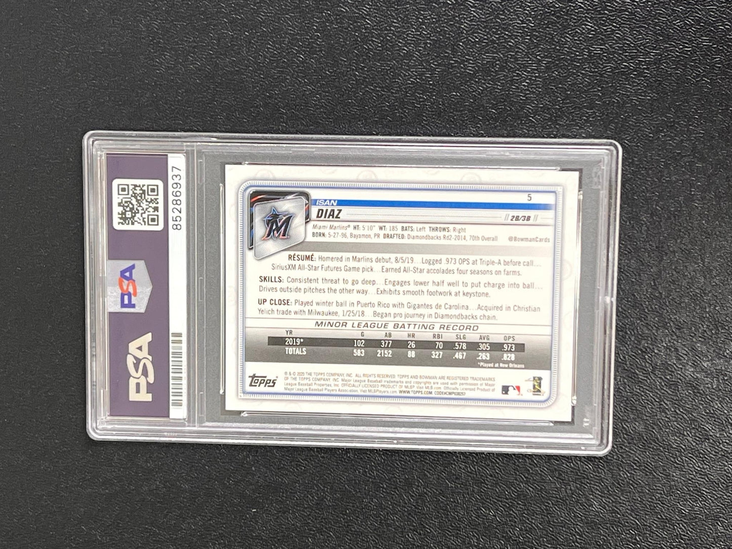 2020 Topps Bowman RC #5 Isan Diaz Signed Card PSA/DNA Authenticated Slabbed AUTO