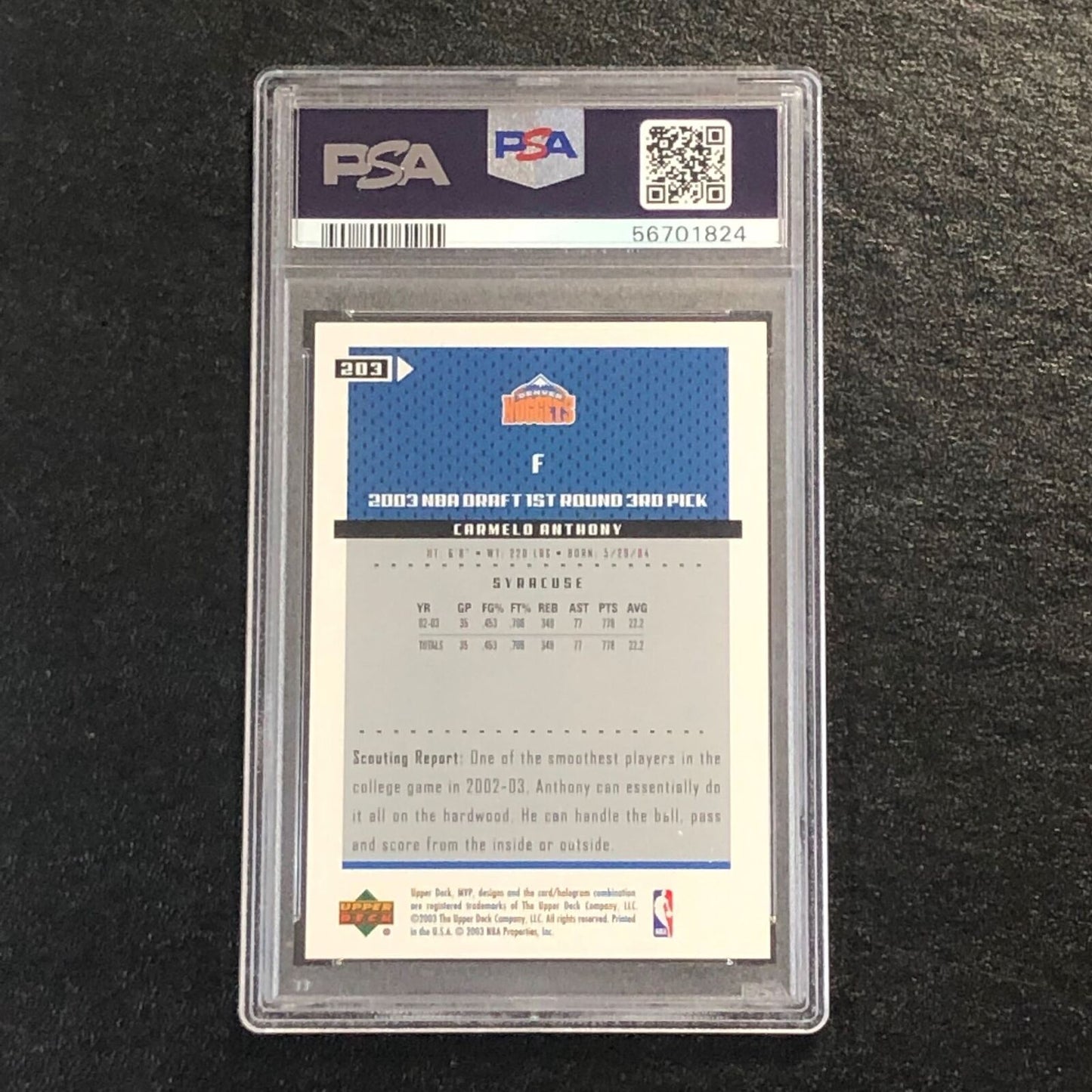 2003 Upper Deck MVP #203 Carmelo Anthony PSA 10 GEM-MT RC Nuggets