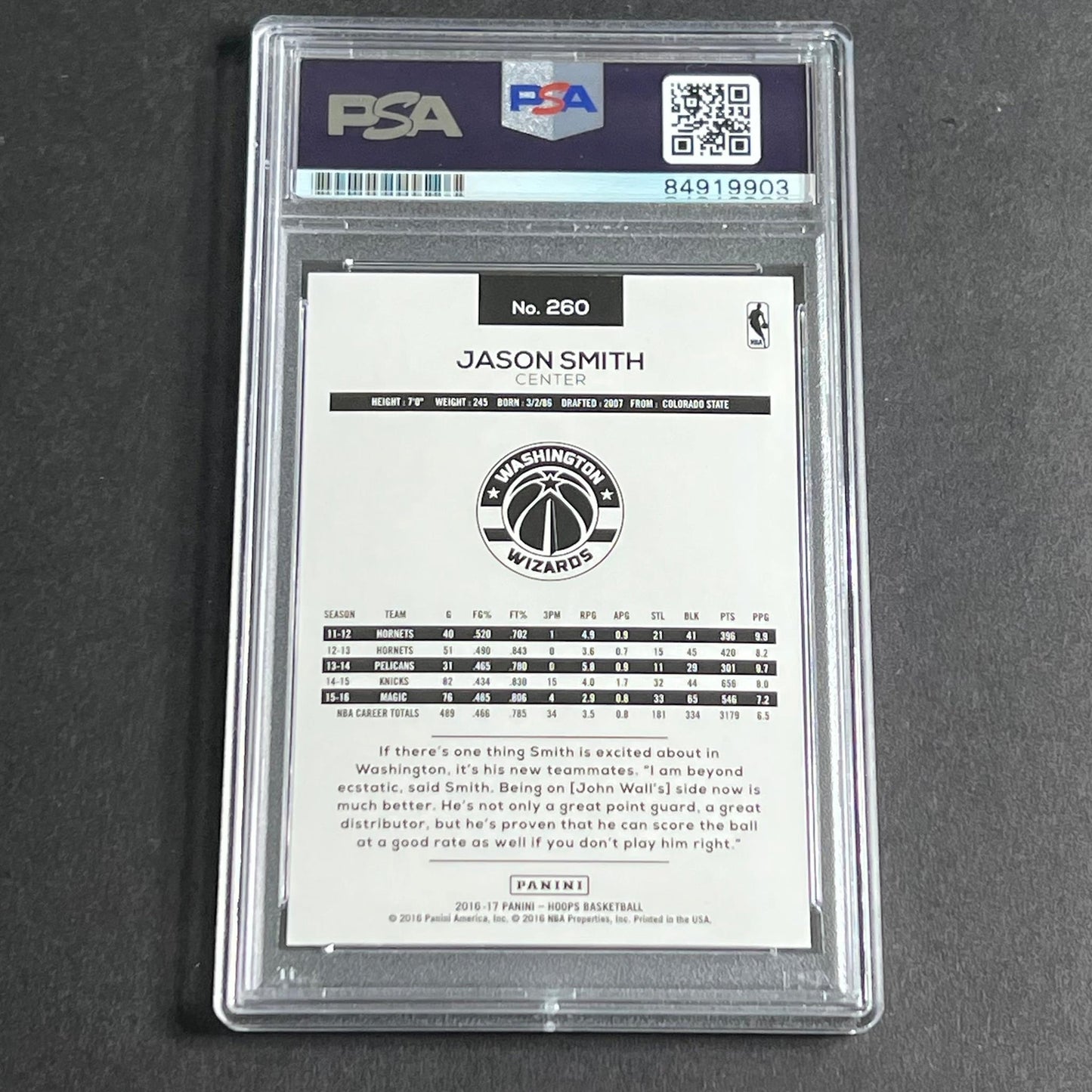 2016-17 NBA Hoops #260 Jason Smith Signed Card AUTO 10 PSA Slabbed Wizards