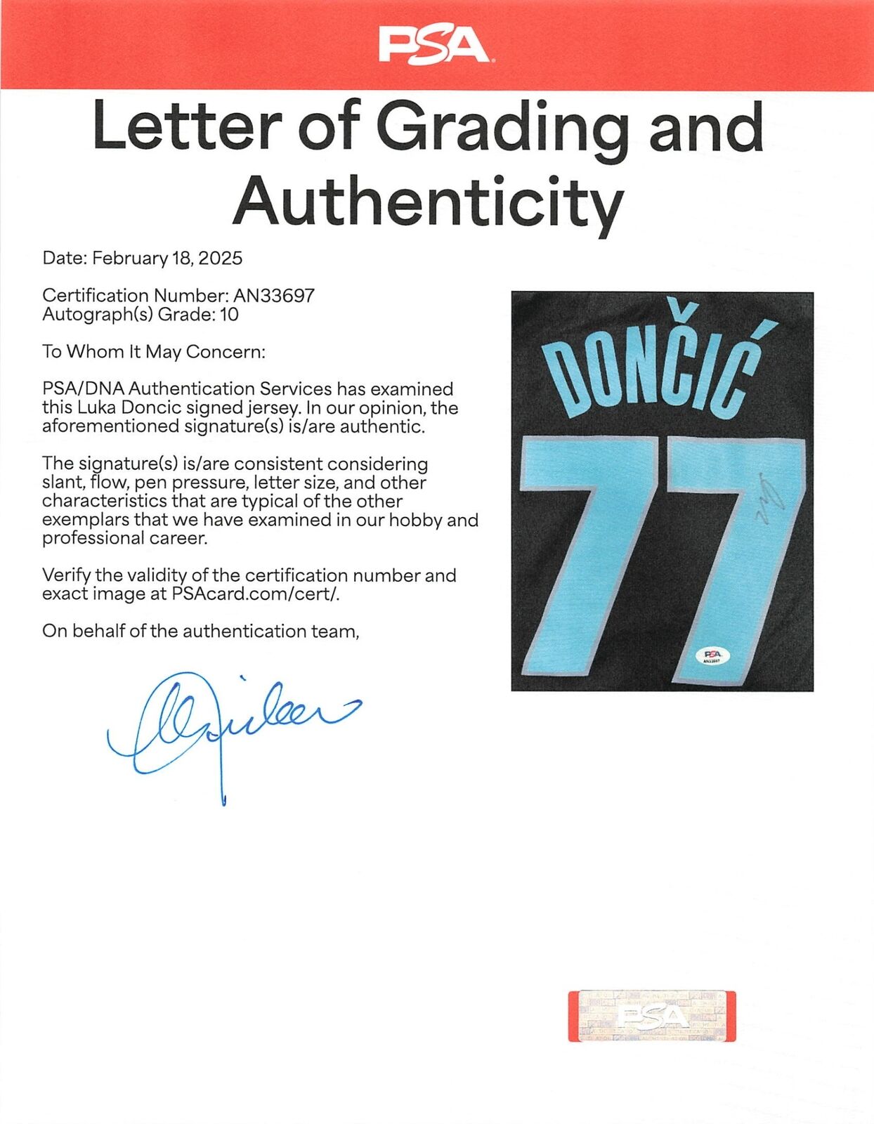 Luka Doncic signed jersey PSA/DNA Auto Grade 10 Dallas Mavericks Autographed