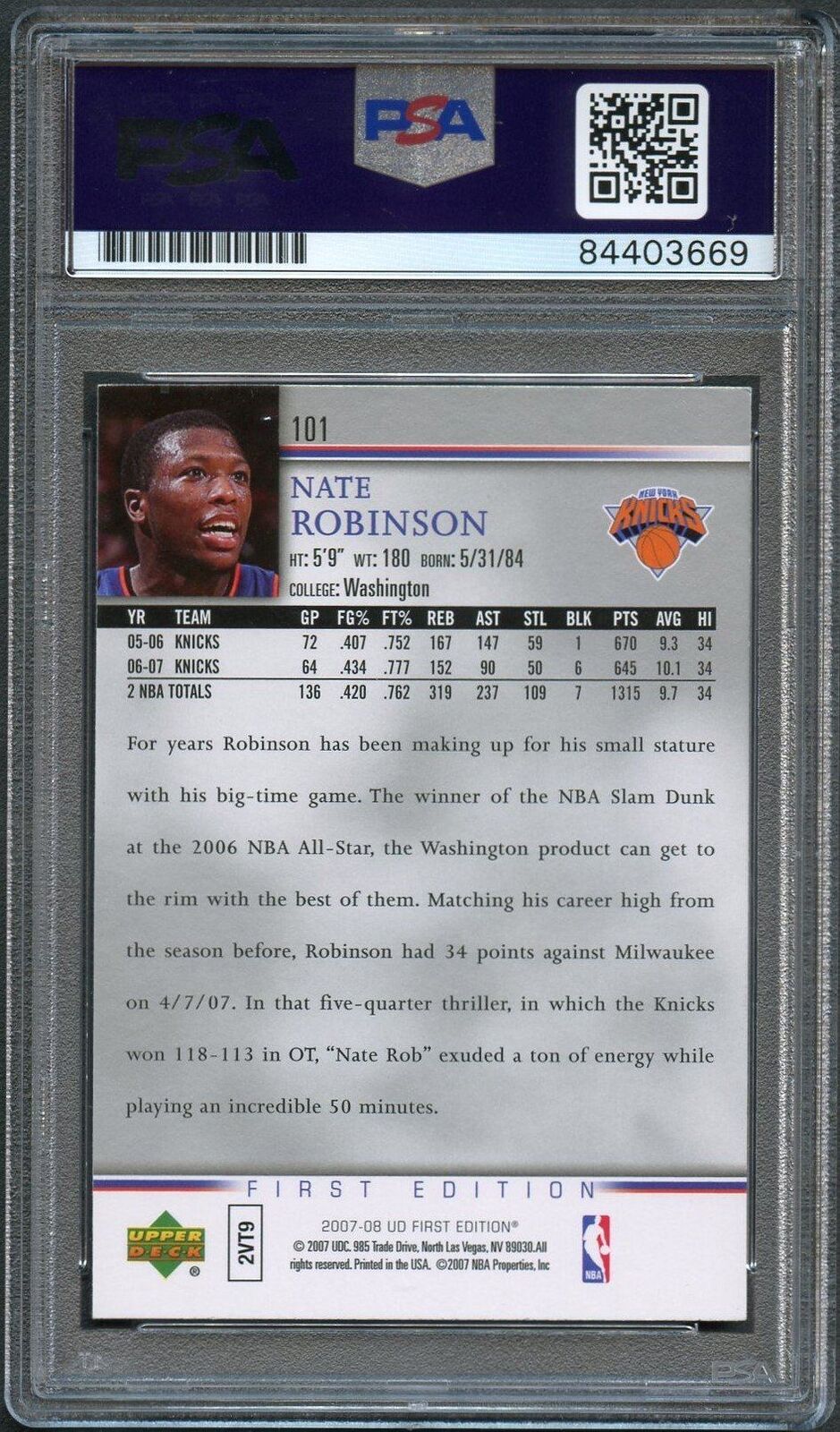 2007-08 Upper Deck First Edition #101 Nate Robinson Signed Card AUTO PSA Slabbed