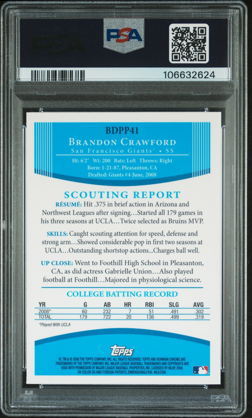 2008 Bowman Chrome Draft #41 Brandon Crawford signed card PSA 8 Auto 10