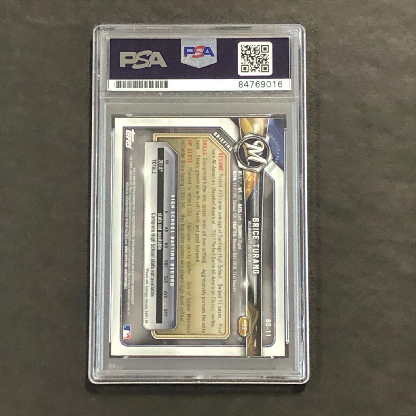 2018 Topps #BD-11 Brice Turang Signed Card AUTO PSA Slabbed Brewers