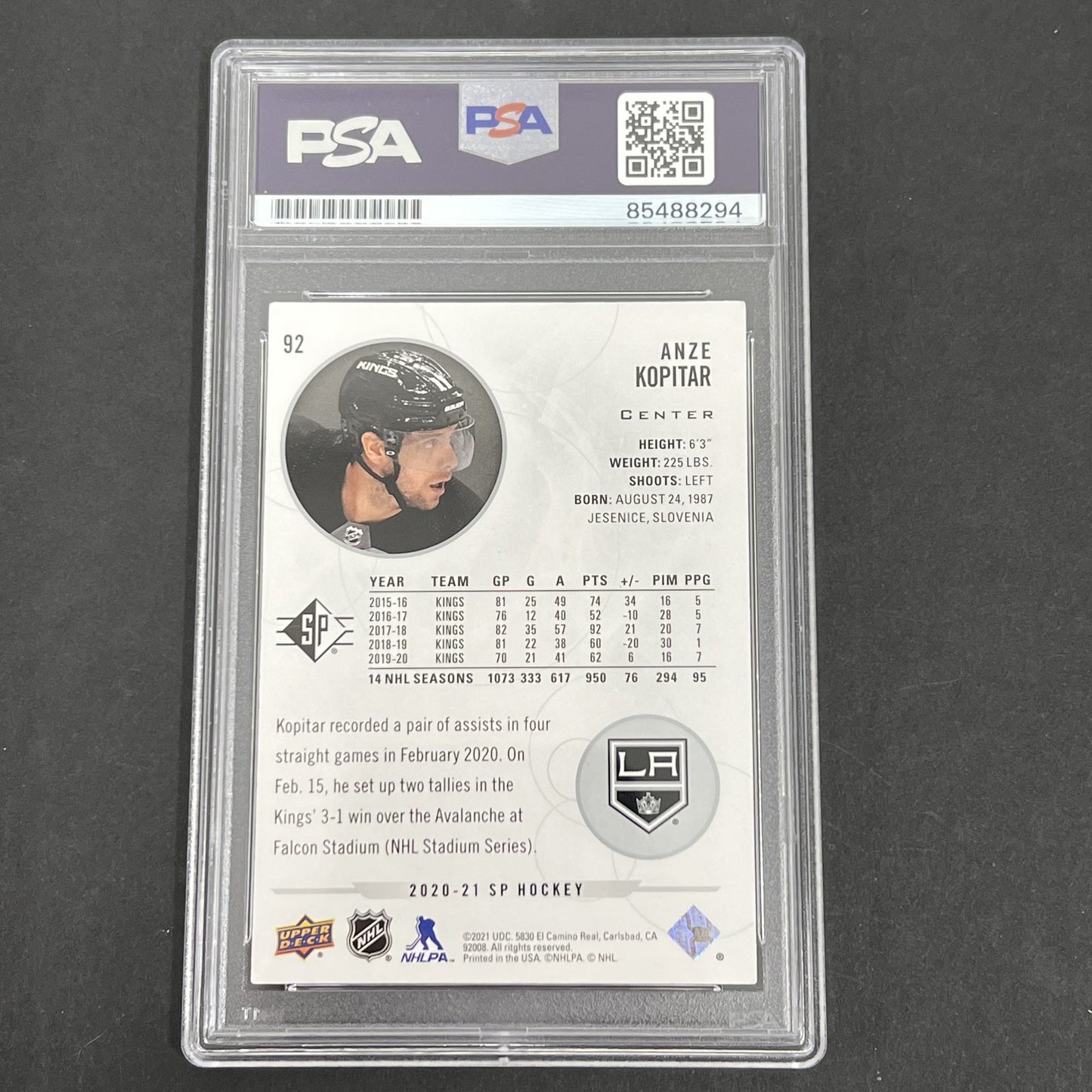 2020 Sp Hockey #92 Anze Kopitar Signed Card Auto PSA Kings