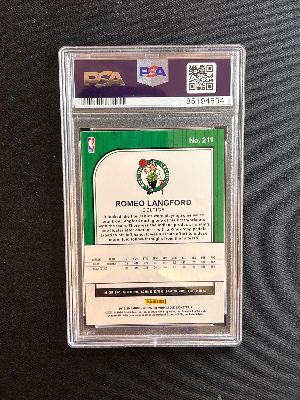 2019-20 Panini Hoops Premium Stock #211 Romeo Langford Signed Card PSA Slabbed A