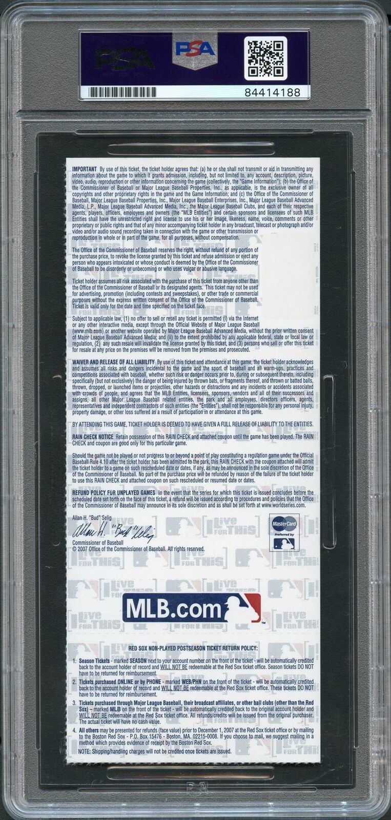 Dustin Pedroia 2007 WORLD SERIES Game 1 Signed Ticket PSA Slabbed Auto Grade 10