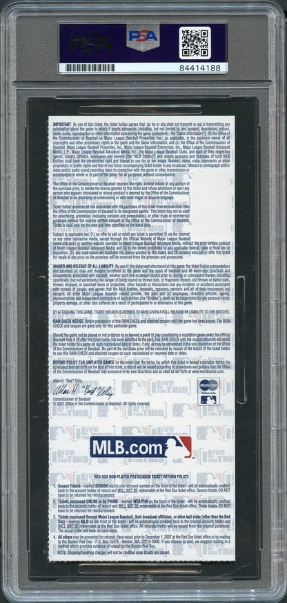 Dustin Pedroia 2007 WORLD SERIES Game 1 Signed Ticket PSA Slabbed Auto Grade 10