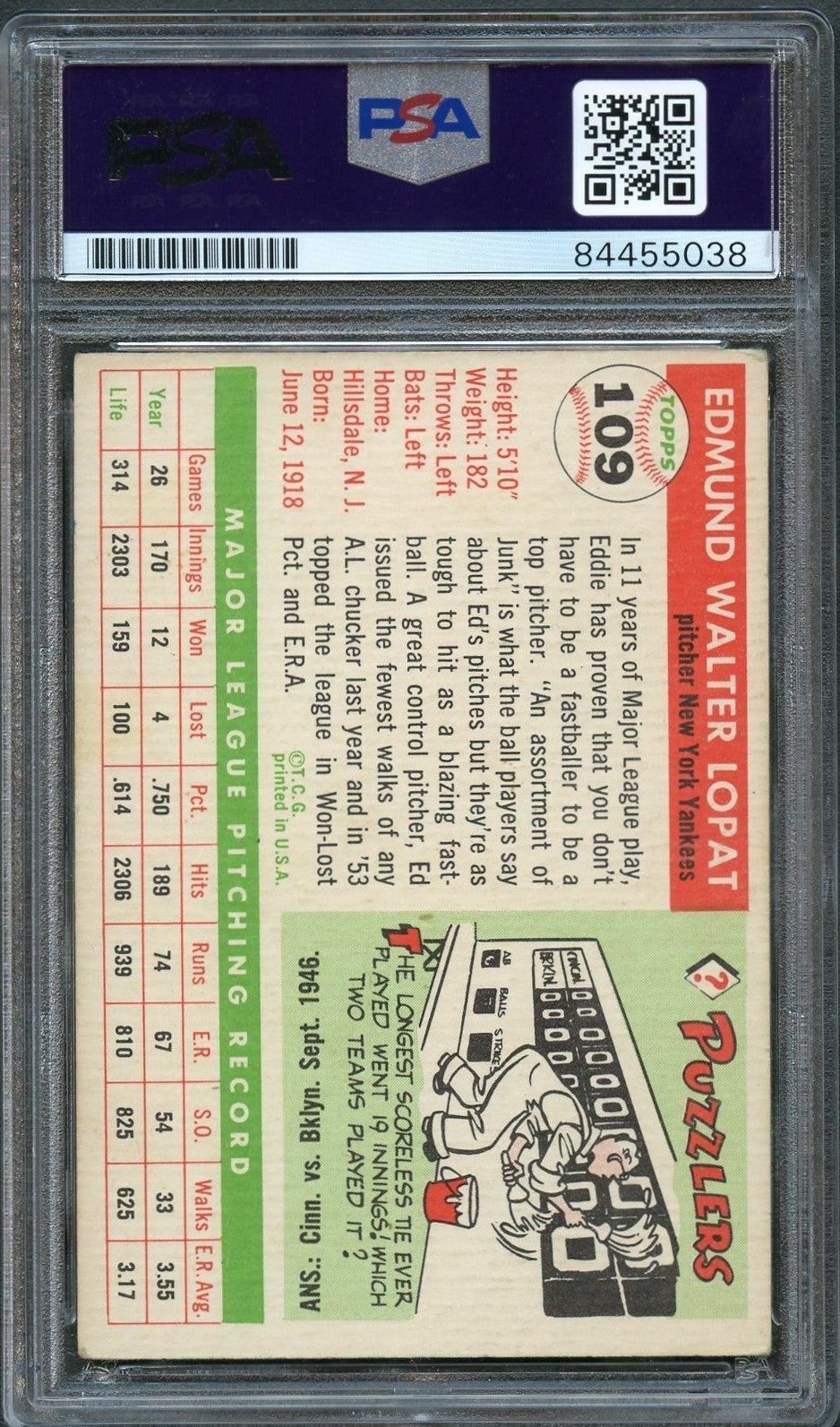 1955 Topps #109 Ed Lopat Signed Card PSA Slabbed Auto Yankees