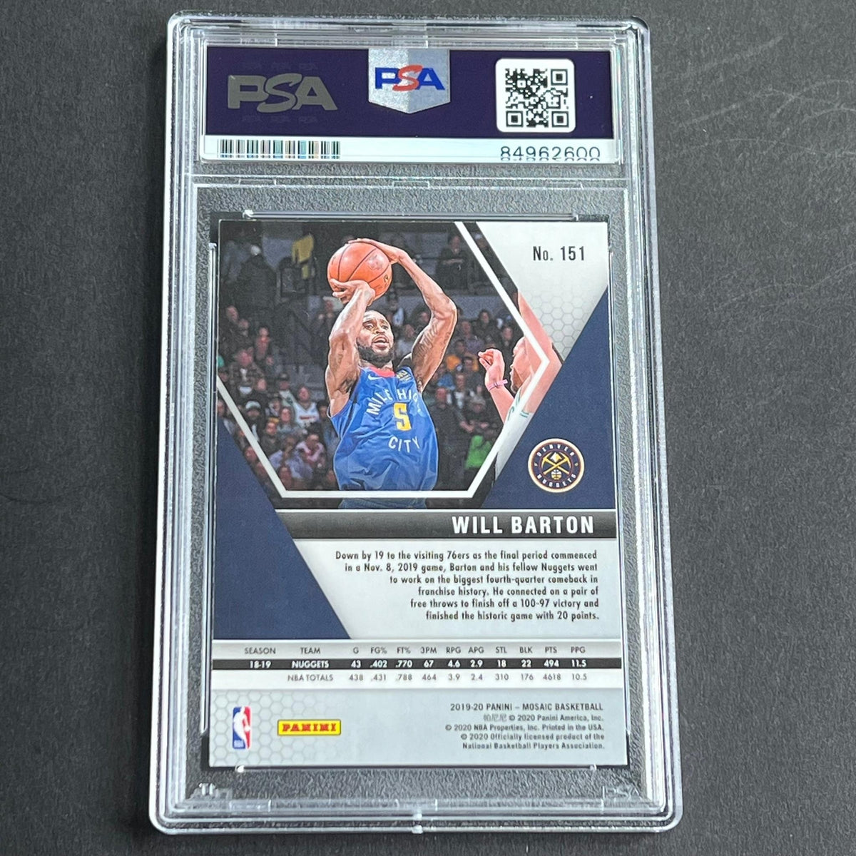 2019-20 Panini Mosaic #151 Will Barton Signed Card AUTO Grade 10 PSA Slabbed Nug